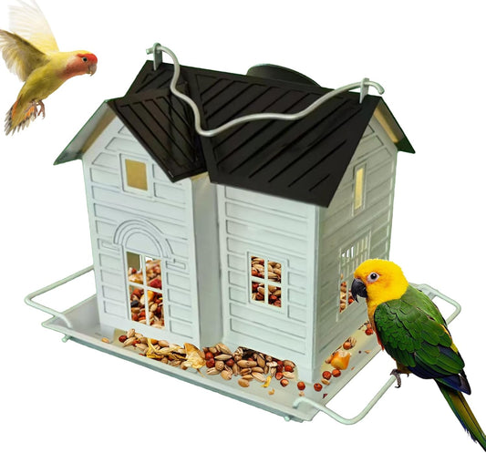 Solar Cabin Bird Feeder, Birdhouse Bird Feeders for Outdoors Hanging, Metal Finch Food Dispenser with Solar Powered Lantern for Garden, Balcony, Patio