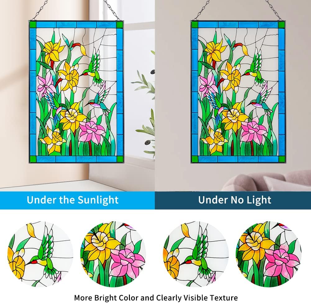 Viveta Hummingbird Stained Glass Window Hanging, Birds and Flowers Suncatcher for Window, Hummingbird Stained Glass Panel Hanging Ornament(Rectangular 10 * 15")