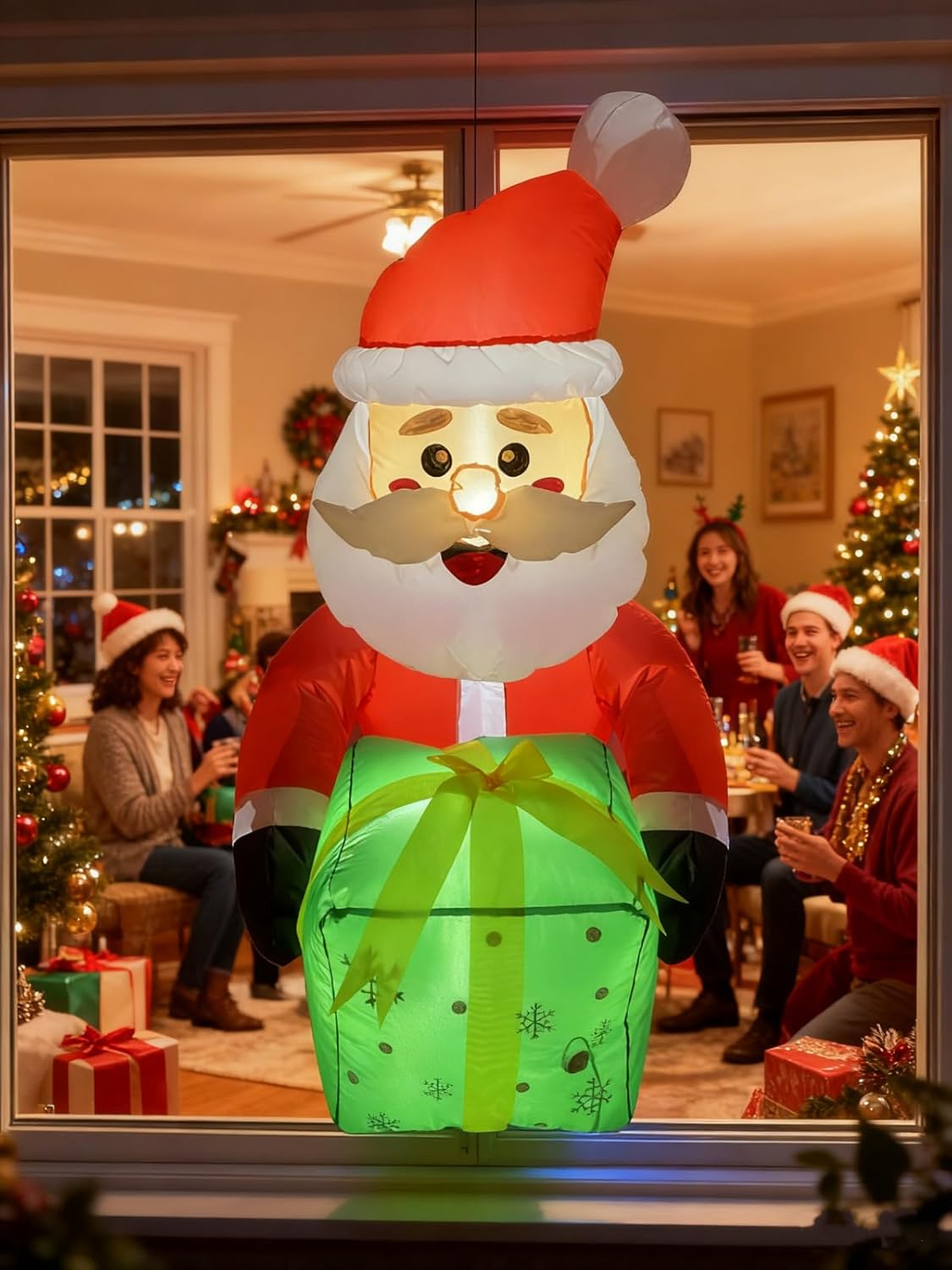 3.5FT Window Inflatble Decor- Christmas Santa Claus with Green Gift Bo
