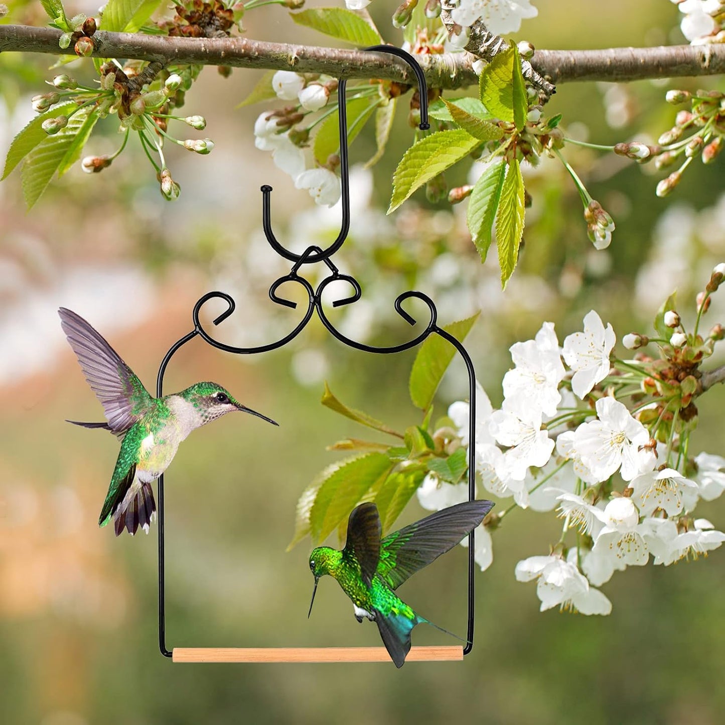 Ripeng 2 Pack Hummingbird Swing Humming Bird Perch with Wooden Dowel Attach to Bird Feeders Black Iron S Shaped Hook for Hanging Indoor Office Outdoor Trunk Feeder