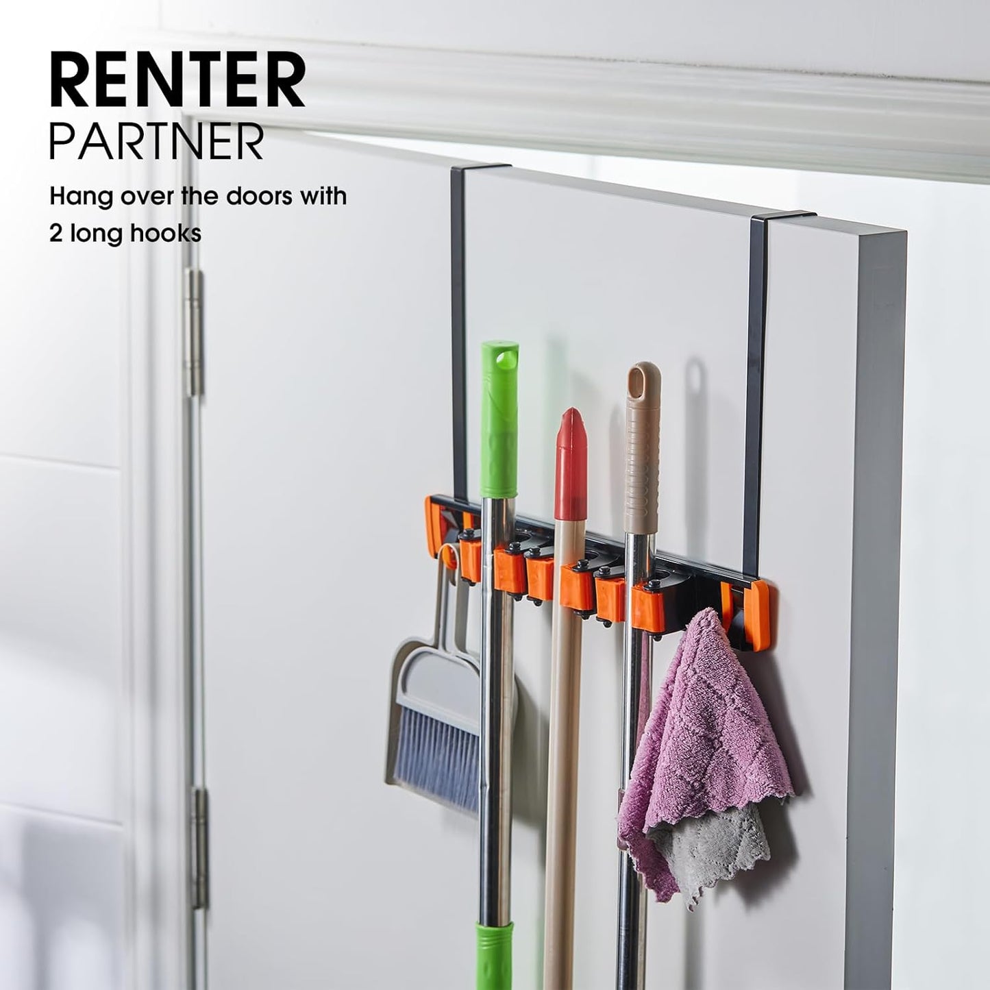 Unjumbly Broom Holder Wall Mount, Drilling Free Mop and Broom Holder with 2 Over Door Hooks, Tool Organizer for Laundry Room, Garage, Kitchen, Closet, Bathroom, Pantry - Orange