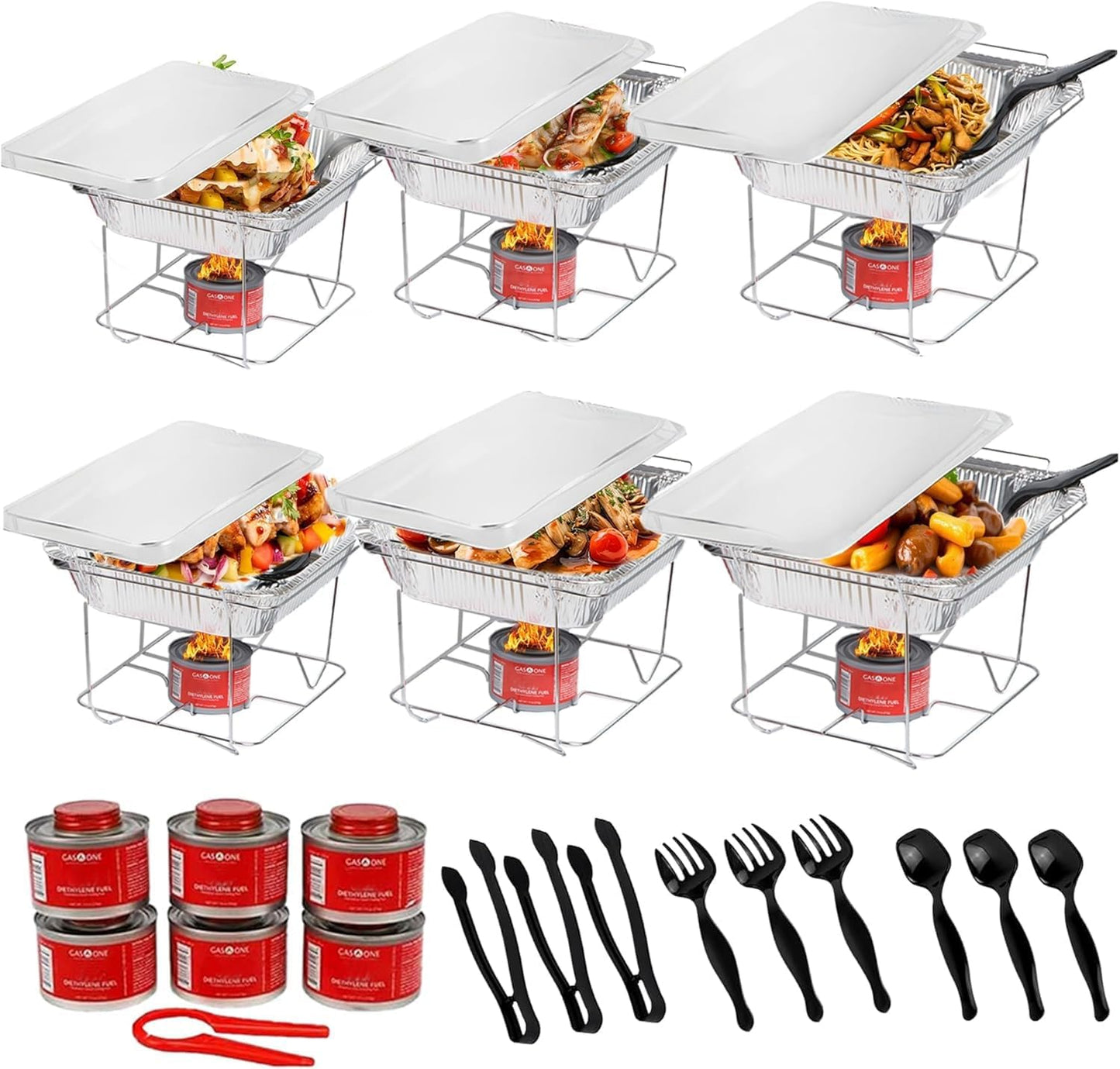 Alpha Living 6 Pack - Disposable Chafing Dish Buffet Set, Half Size Pans, Welded Body Food Warmers for Parties, Fuel Cans Complete Set, Warming Trays
