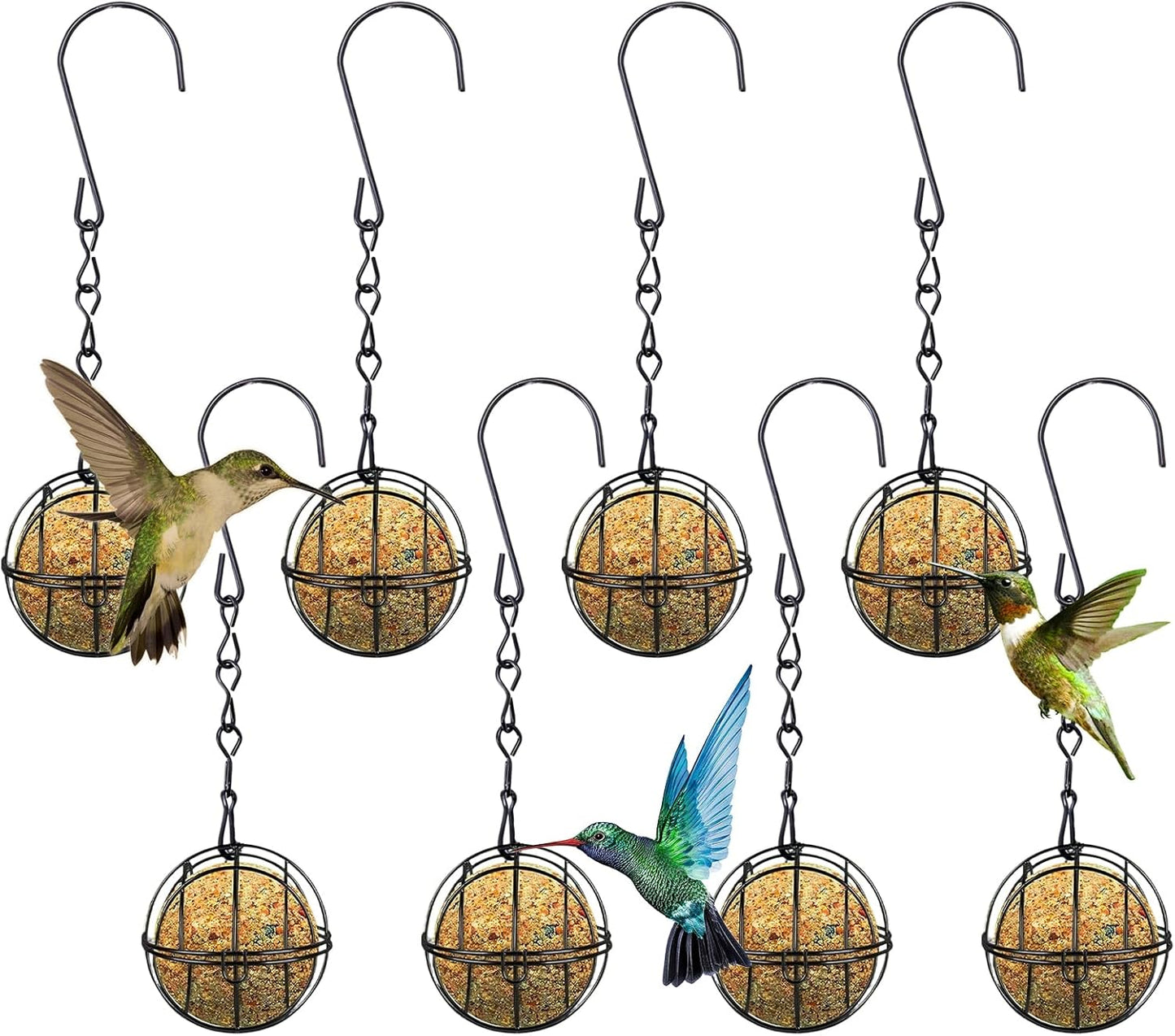 Metal Bird Feeder Set, 8 Pack Suet Ball Holders, Hangable Metal Sphere, Outdoor Ball Bird Feeder, Black Spherical Design, 7.5 x 28 cm, Hanging Garden Feeders for Wild Birds with Easy-Fill Opening