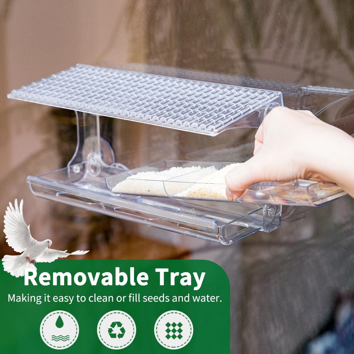 Large Window Bird Feeder with Removable Seed & Water Tray, for Wild Birds with Super Strong Sticker Hooks +Suction Cup Plus +Tweezer, Unbreakable Transparent Acrylic Weatherproof