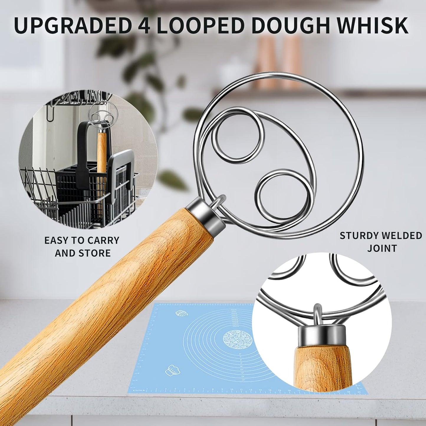 TEEVEA Danish Dough Whisk Stainless Steel Dough Hook Dutch Whisk for S