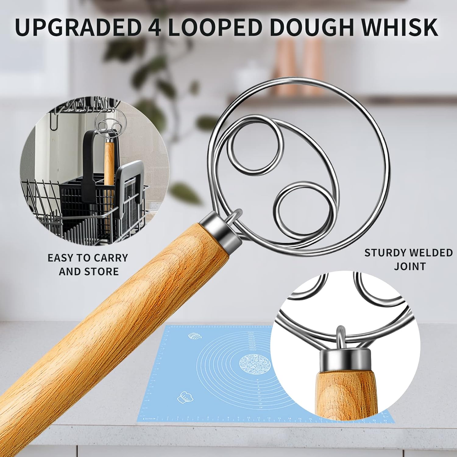 TEEVEA Danish Dough Whisk Stainless Steel Dough Hook Dutch Whisk for S