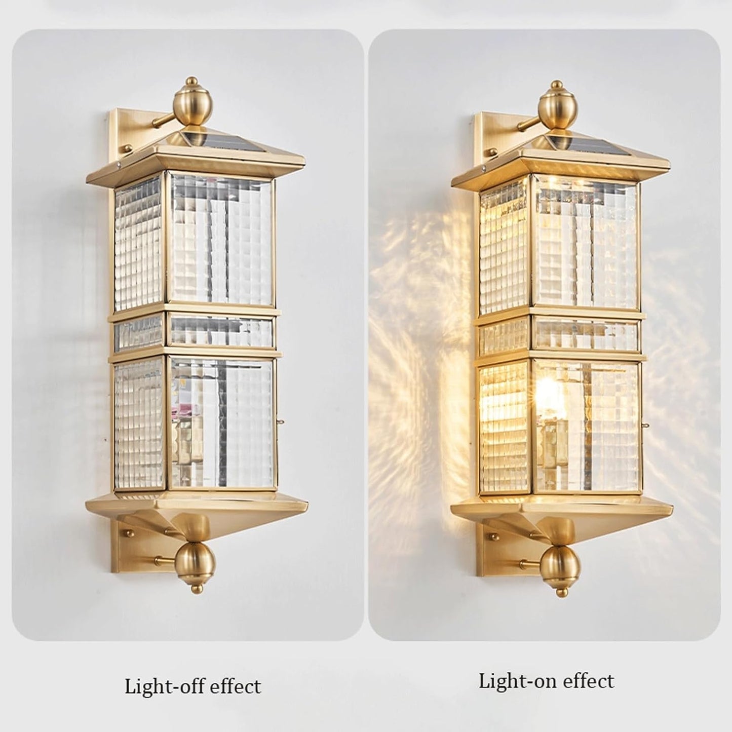 Outdoor Wall Lantern, Vintage Brass Wall Sconce, Waterproof IP55 Exterior Mount Lamp with Patterned Glass, E27 Socket, Solar Powered Lighting Fixture for Garden Villa Courtyard Gate Cottage