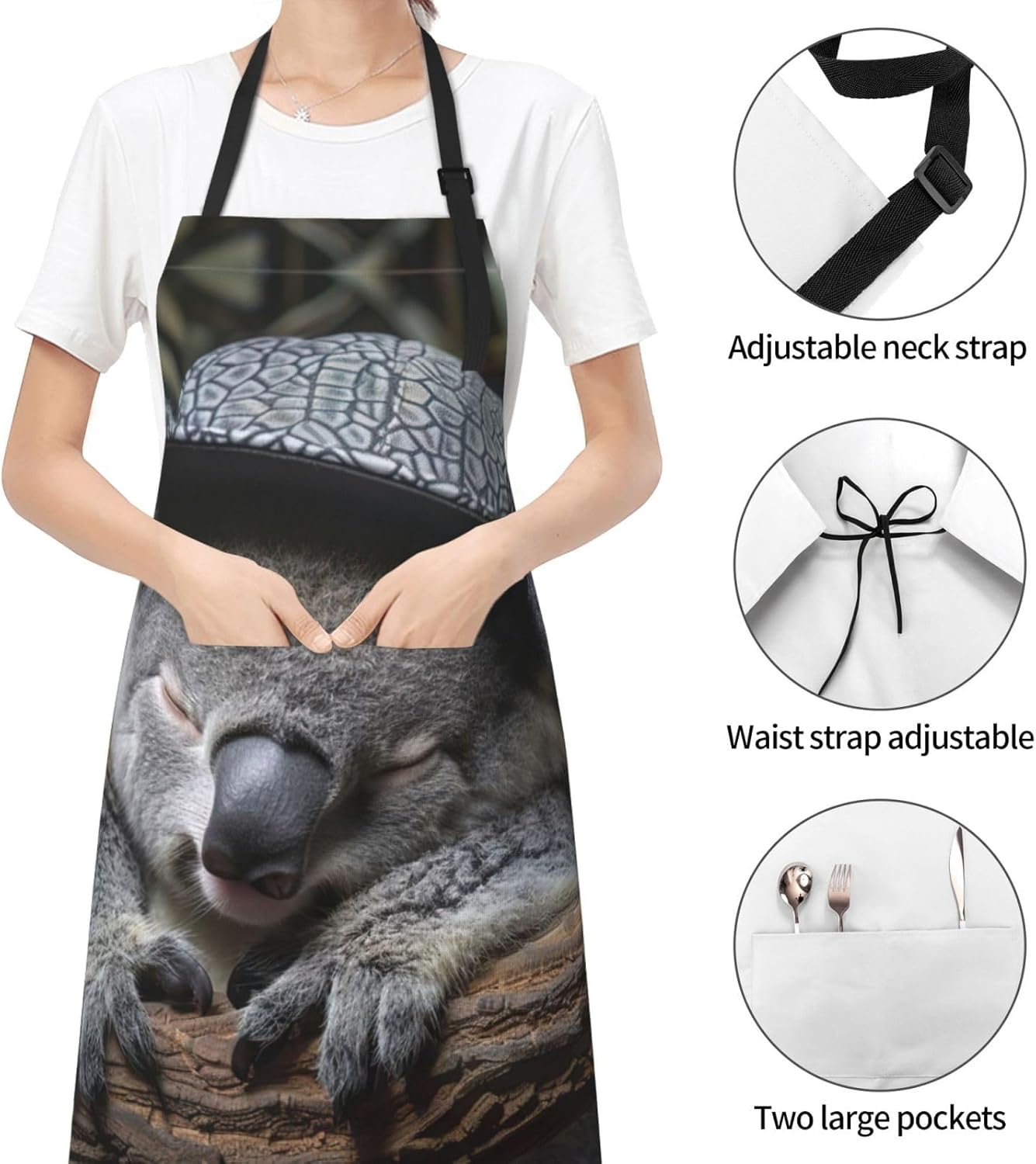 sleeping koala cap print Waterproof chef's apron with pocket apron for kitchen cooking baking barbecue and gardening