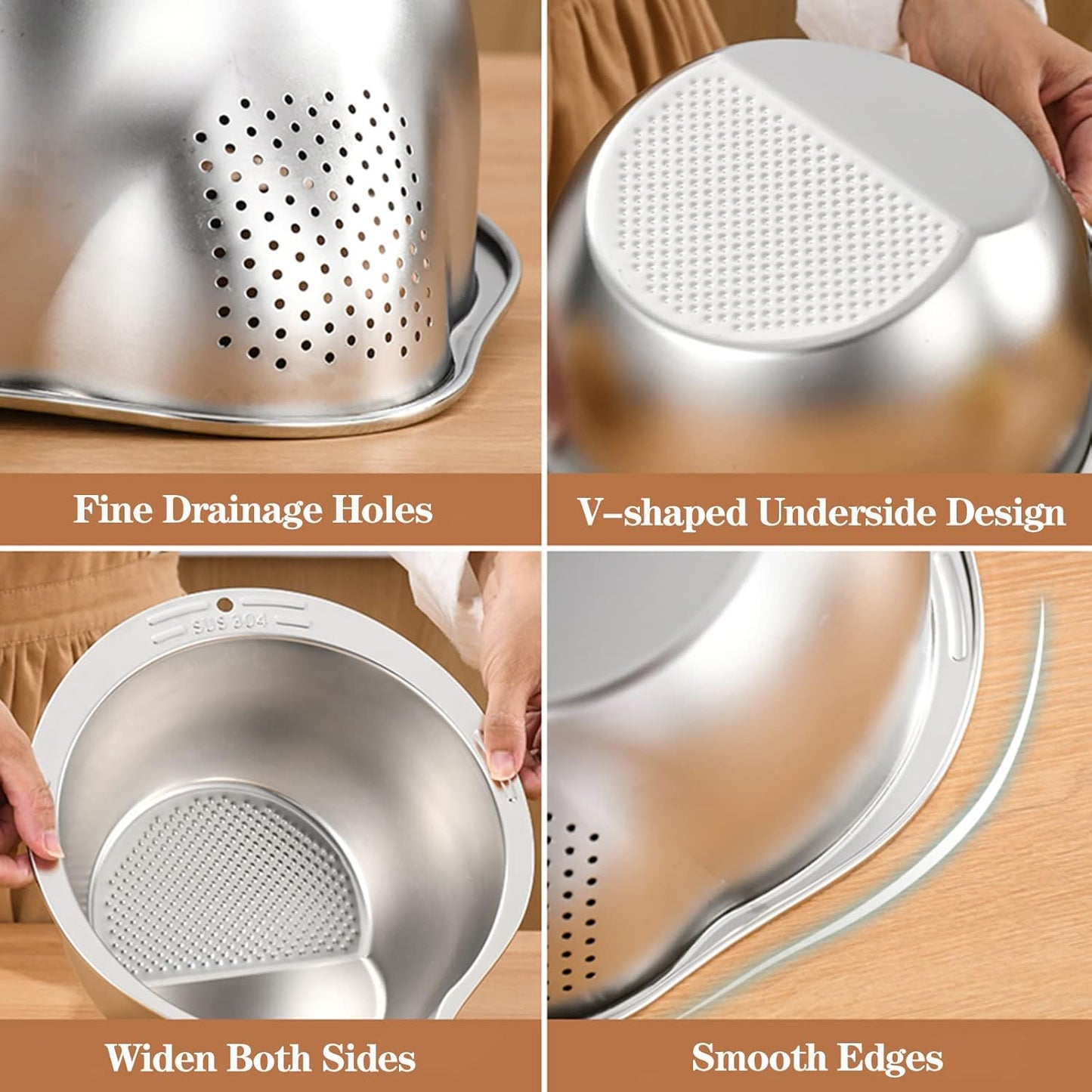 Rice Washer Strainer Bowl - 4-in-1 Washing Bowl for Quinoa, Stainless 