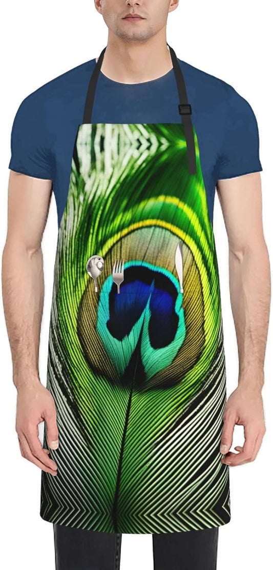 Green Peacock Feather print Waterproof chef's apron with pocket apron for kitchen cooking baking barbecue and gardening