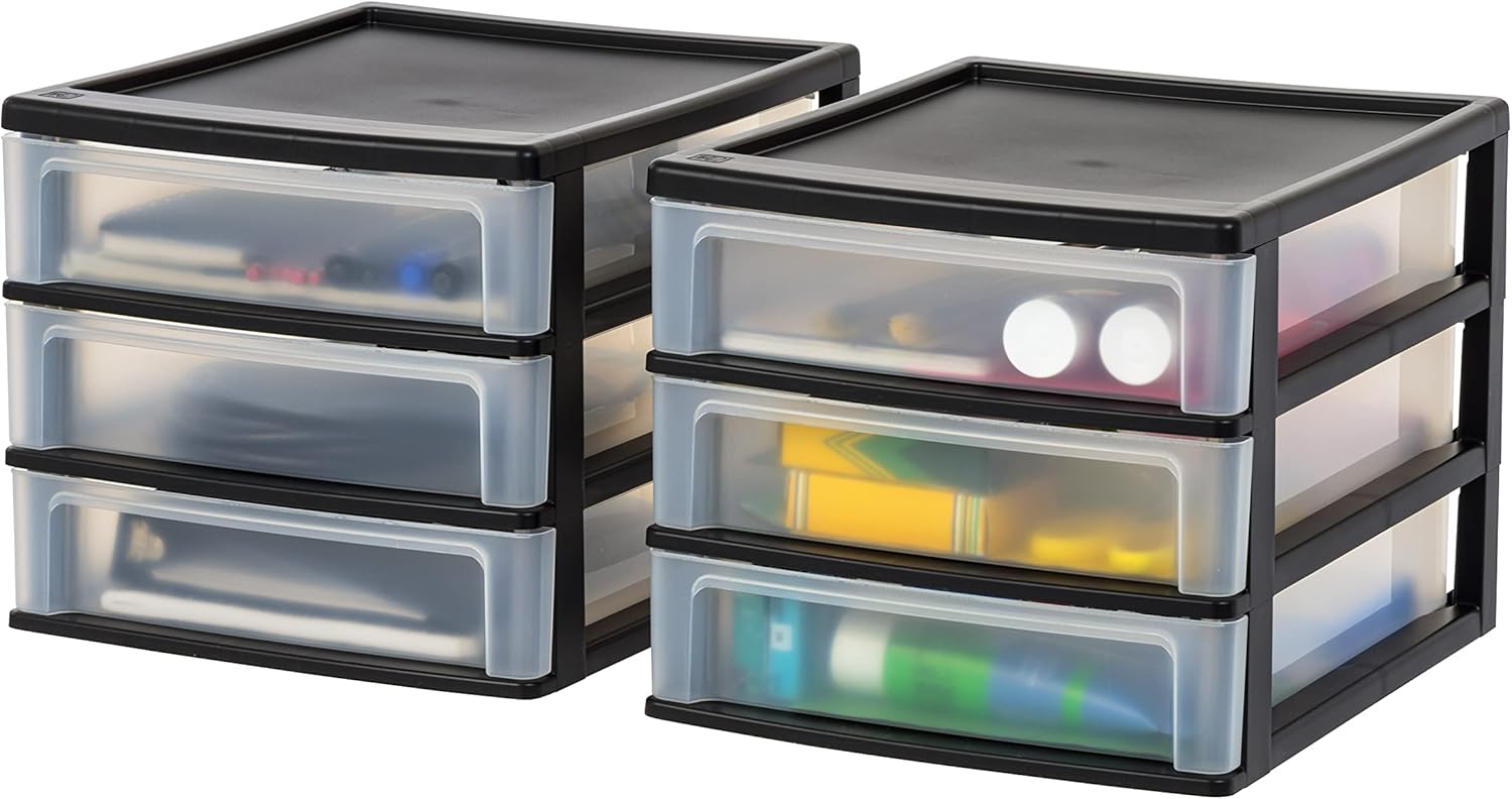 IRIS USA Plastic Stacking Desk Top 3-Drawer Storage Organizer, 2-Pack,