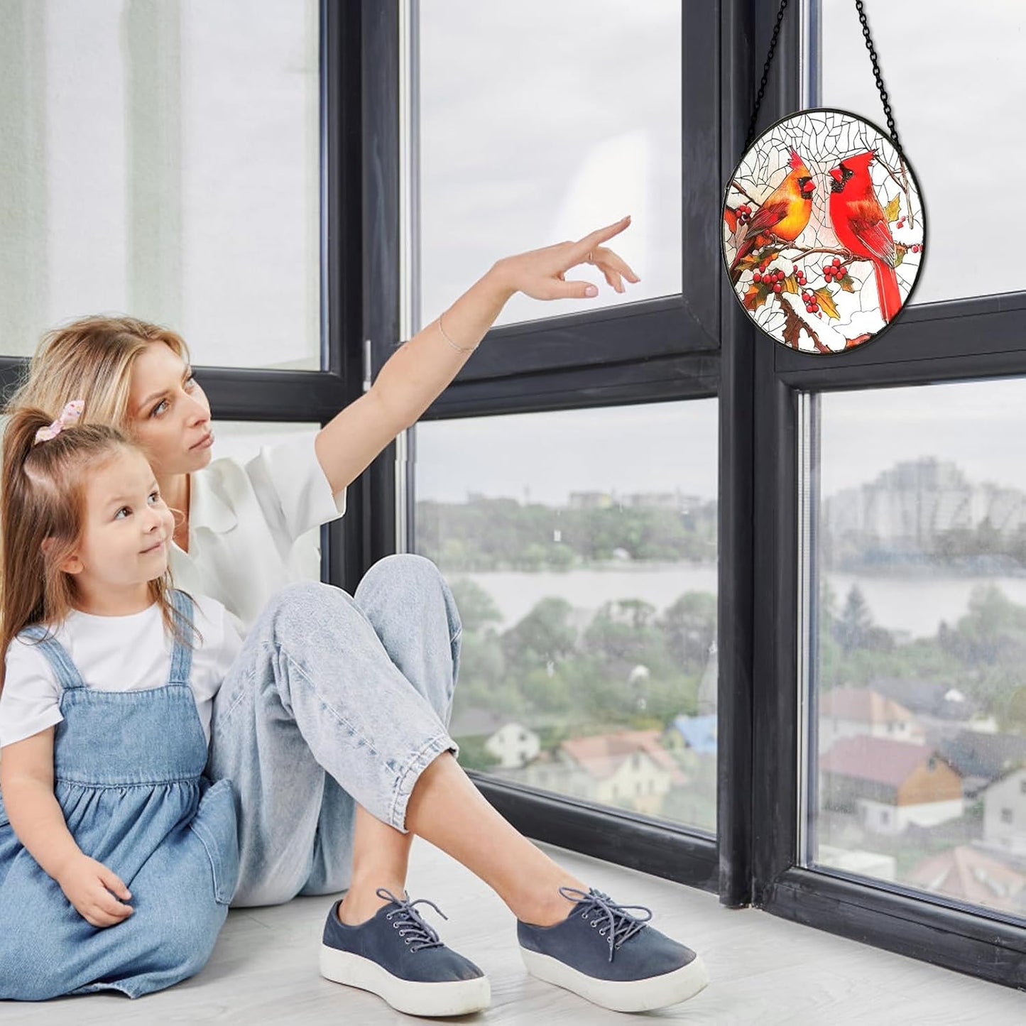 6 Inch Stain Glass Window Hanging, Window Suncatcher with Metal Chain, Cardinal Suncatcher Stained Glass for Bird Lovers Women, Garden, Home, Housewarming Gifts
