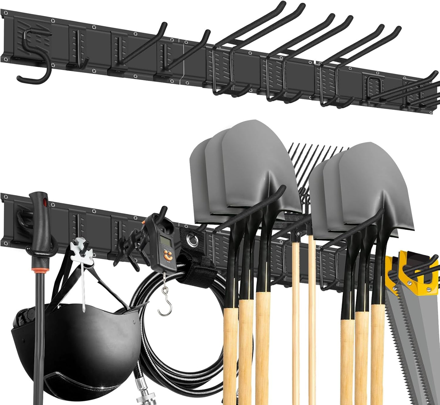 48-inch Garage Tool Organizer Wall Mount with Storage Shelves - Heavy Duty Adjustable Steel Hooks & Tracks for Power Tools, Garden Tools, Broom Holder - 350 lbs Capacity Rust Resistant 7 Hooks