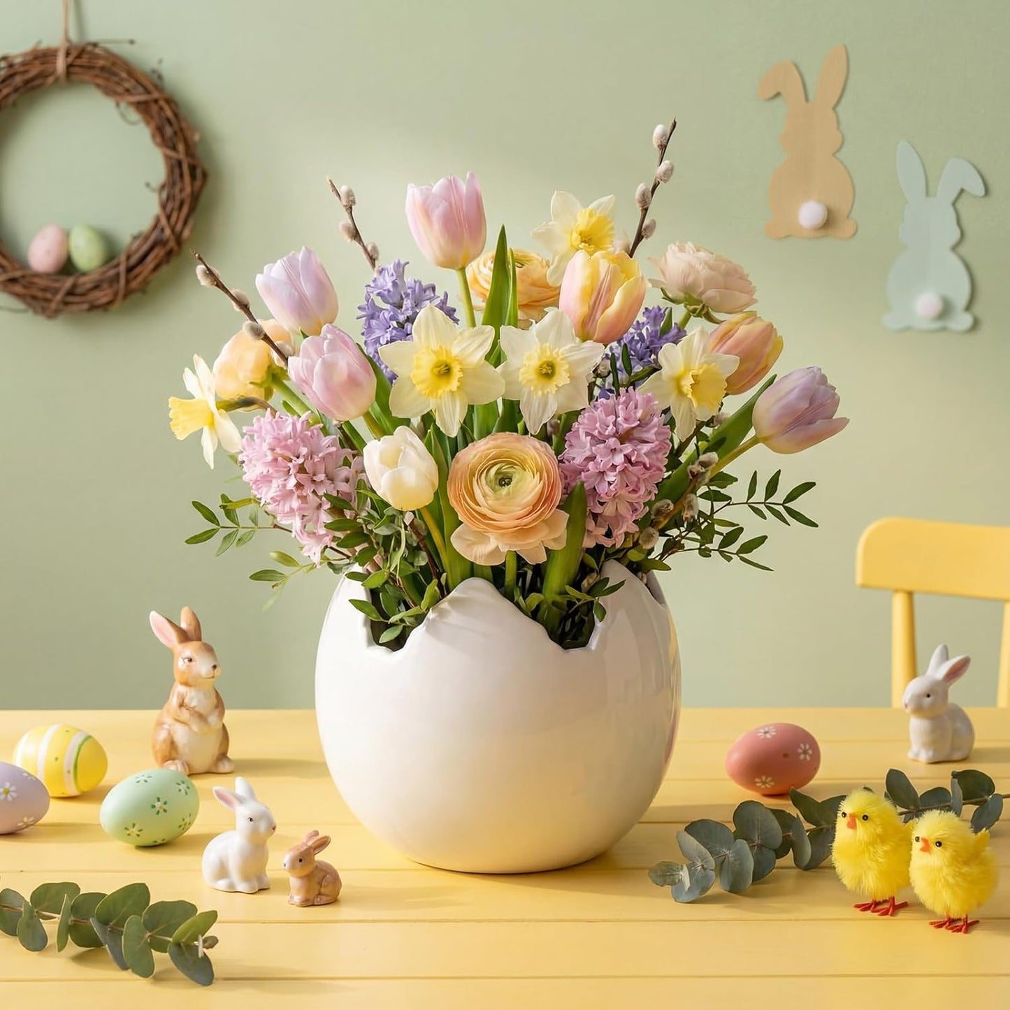 Leinuosen 6.7 Inch Ceramic Easter Egg Vase, Large White Eggshell Flower Planter Pot, Spring Decorative Plant Bowl Flower Vase for Easter Spring Farmhouse Home Garden Office Decorations Gifts (Solid)