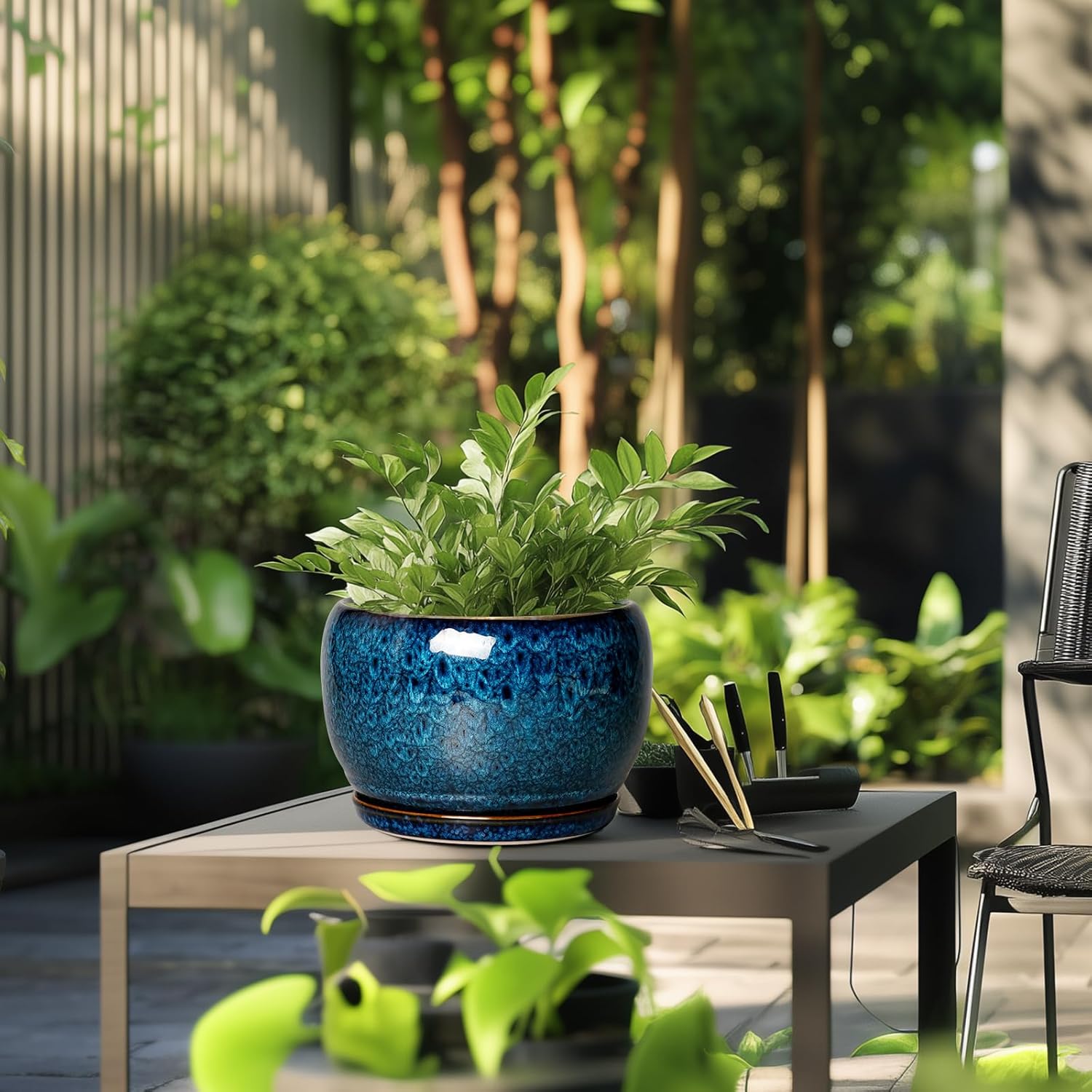 SQOWL 10 Inch Plant Pot - Ceramic Planter Pot with Drainage Hole and S