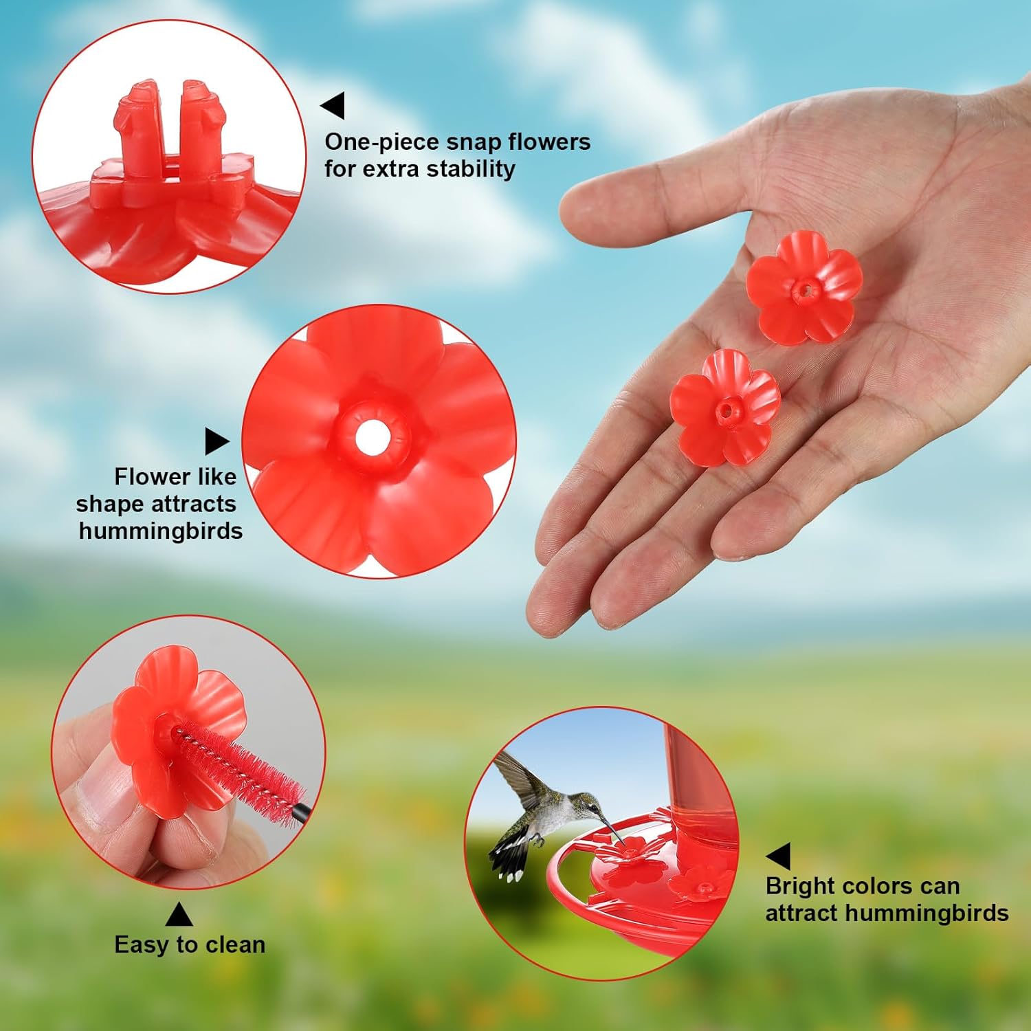 30 Hummingbird Feeder Replacement Flowers with 2 Brushes - Fits 0.24"-