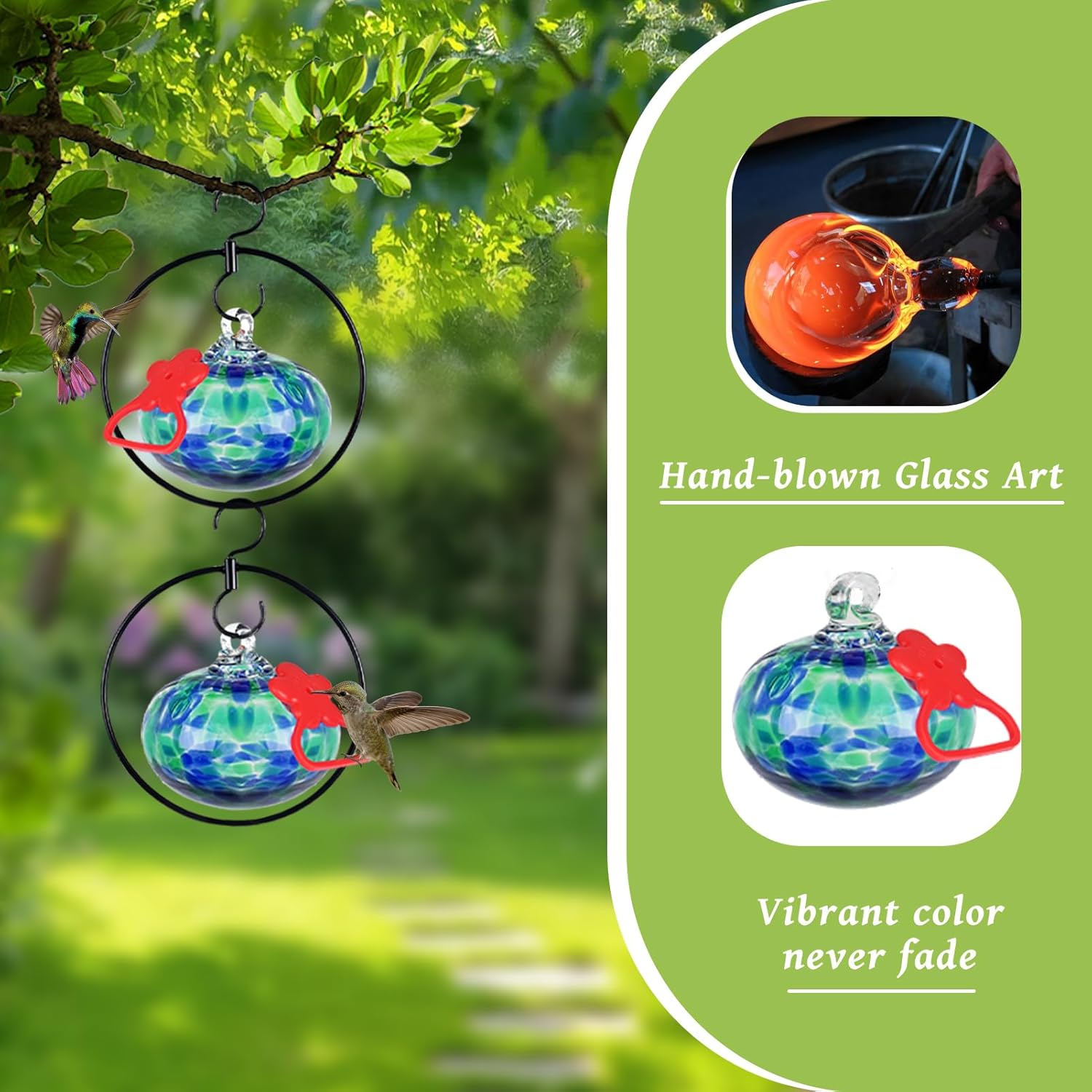 2 Pack Hummingbird feeders for Outdoors Hanging with Iron Hook,Hand Bl