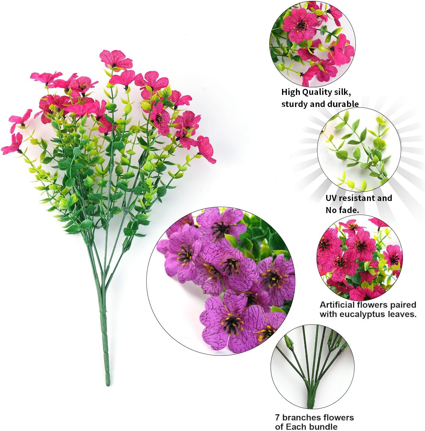Artificial Faux Outdoor Indoor Plants Flowers for Spring Summer Decoration, 12 Bundles Fake Silk Daisy Eucalyptus Realistic UV Resistant for Outside Planter Pot Window Porch .（Purple and pink）