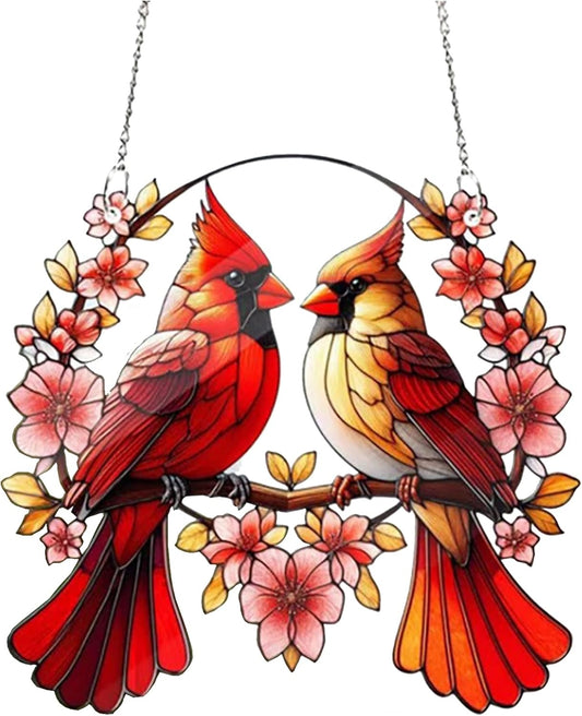 Acrylic Window Hanging Cardinal Suncatcher Decor,Red Bird Suncatcher Panel Outdoor Wall Art Stained Panel Hangings Gift for Home Garden Ornament for Birds Lover