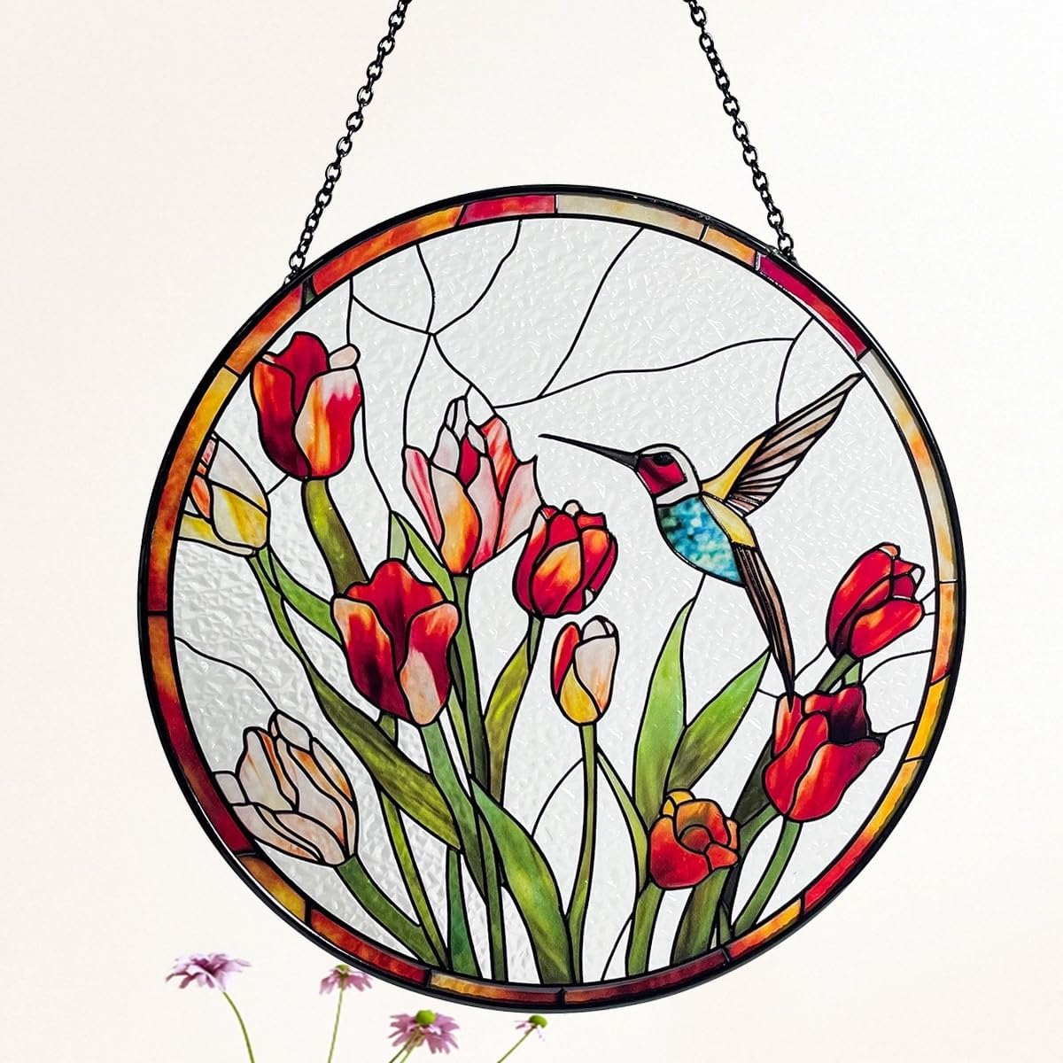 Hummingbird and Tulips Stained Glass Suncatcher - Handcrafted Real Glass Window Hanging for Home, Garden, and Patio Decor - 7.8 inch Round Decorative Art Gift for Nature Lovers and Moms