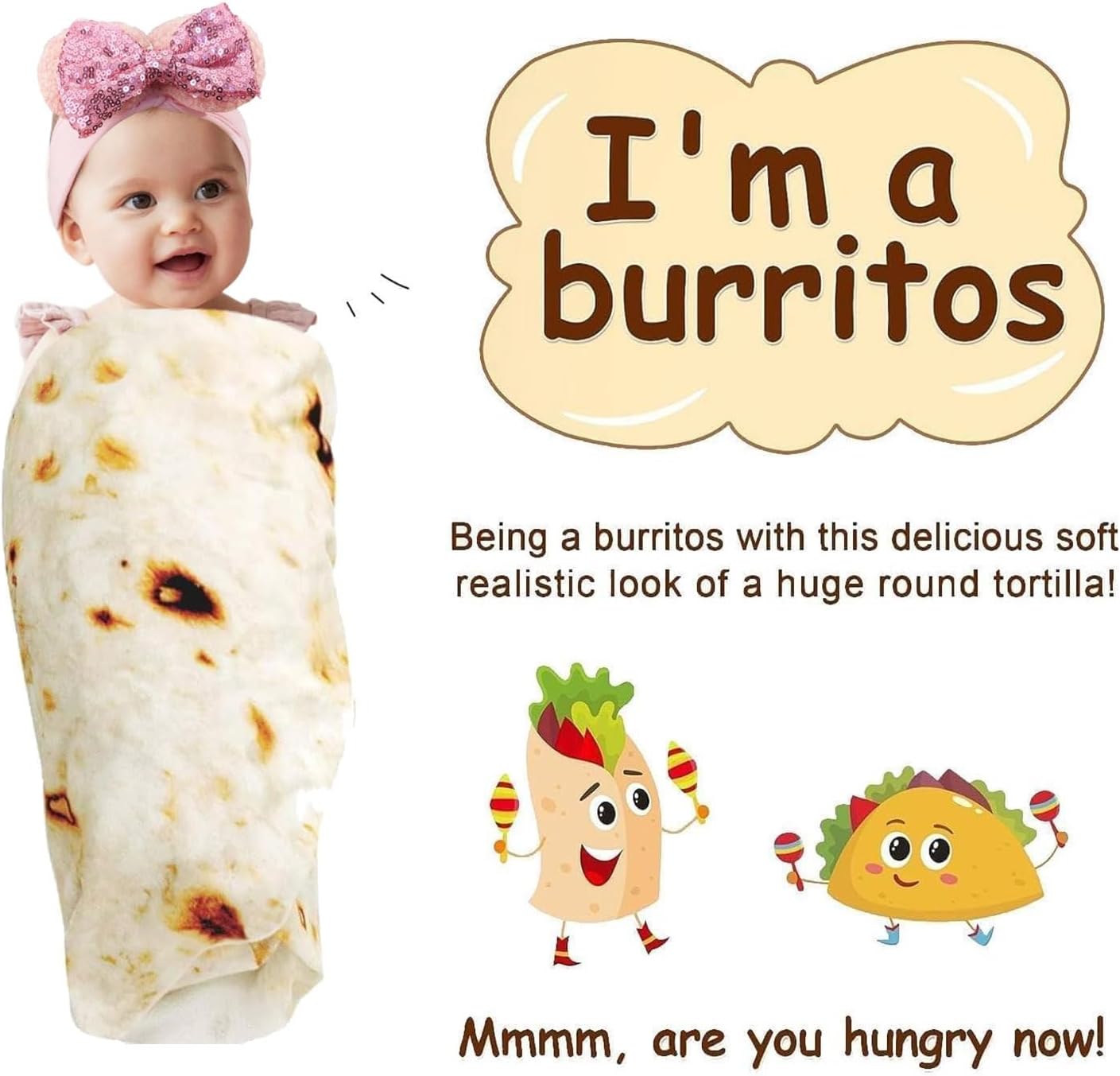 Burrito Tortilla Blanket Baby Stuff Shower White Elephant Gifts for Kids Throw Blankets Wrap Swaddle Toddler Boy Girl Party Novelty Gag Pets Soft Fleece 40in