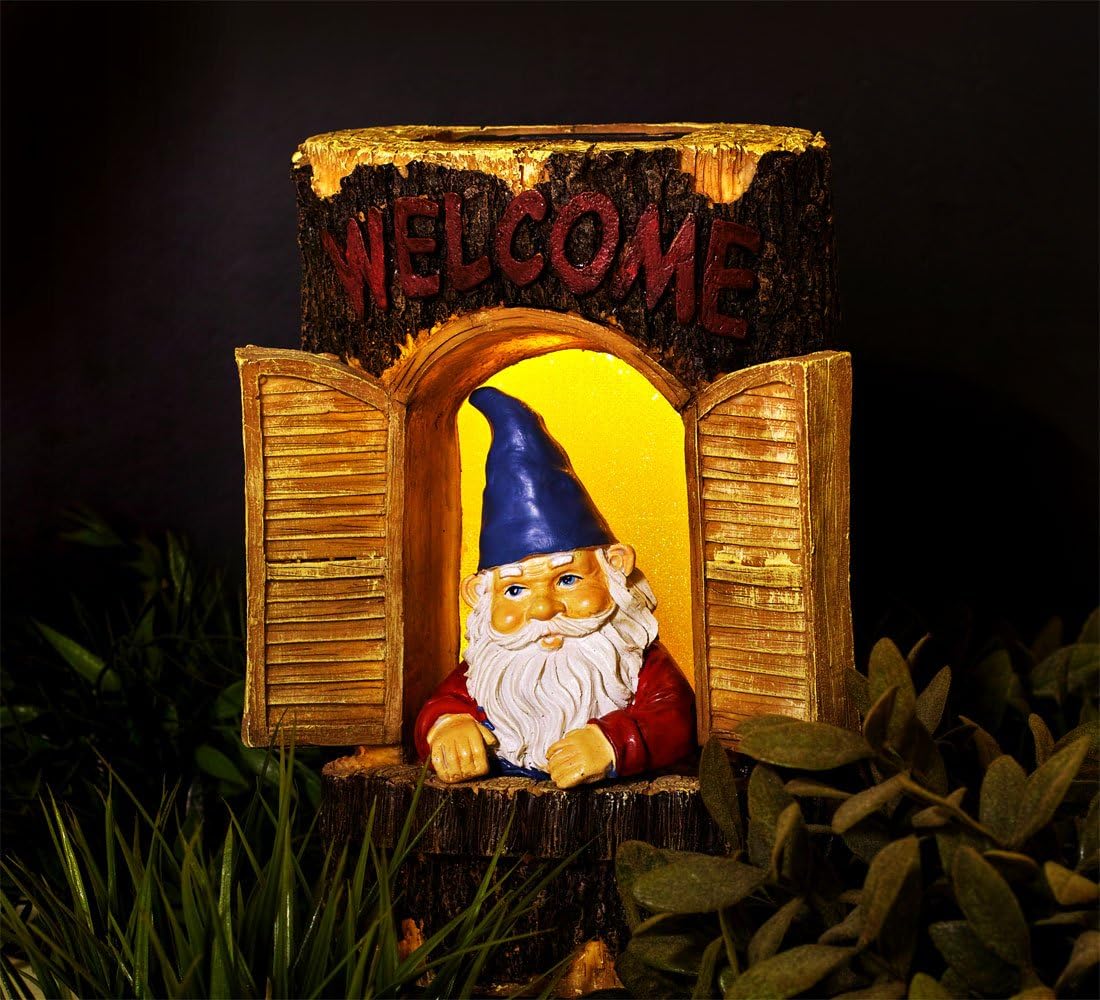 Gnome Welcome Garden House Outdoor Decor Stump with Solar Lights