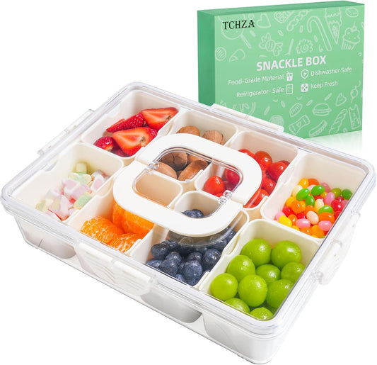 Snackle Box Container, Dishwasher Safety - Divided Serving Tray with Lid and Handle, Charcuterie Board for Portable Snack Platters - Clear Organizer for Fruits Snacks,Perfect for Road Travel
