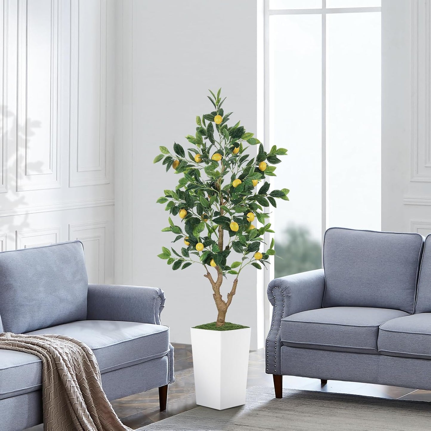 5FT Artificial Lemon Tree with Pot - 60" Fake Lemon Tree with White Tall Planter, Faux Lemon Plant with Realistic Fruits and Silk Leaves, Artificial Plants Indoor for Home Office Kitchen Decor