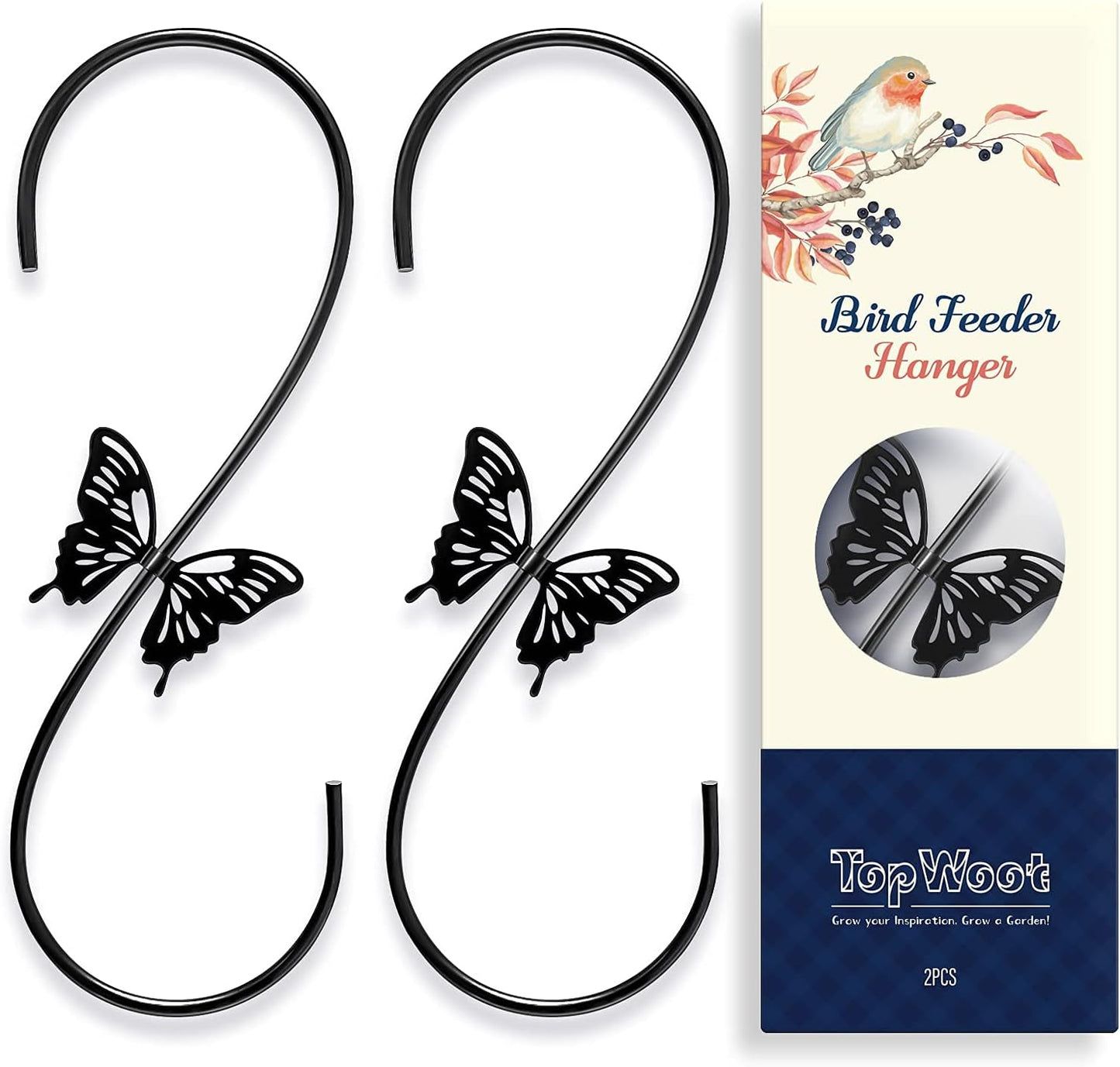 Attractive Bird Feeders Hanger 12-Inch, 2PCS Metal Hummingbird Feeder Hook, Extension Hook with Butterfly Design, to Hang Bird Feeder, Wind Chimes, Lanterns (Black)