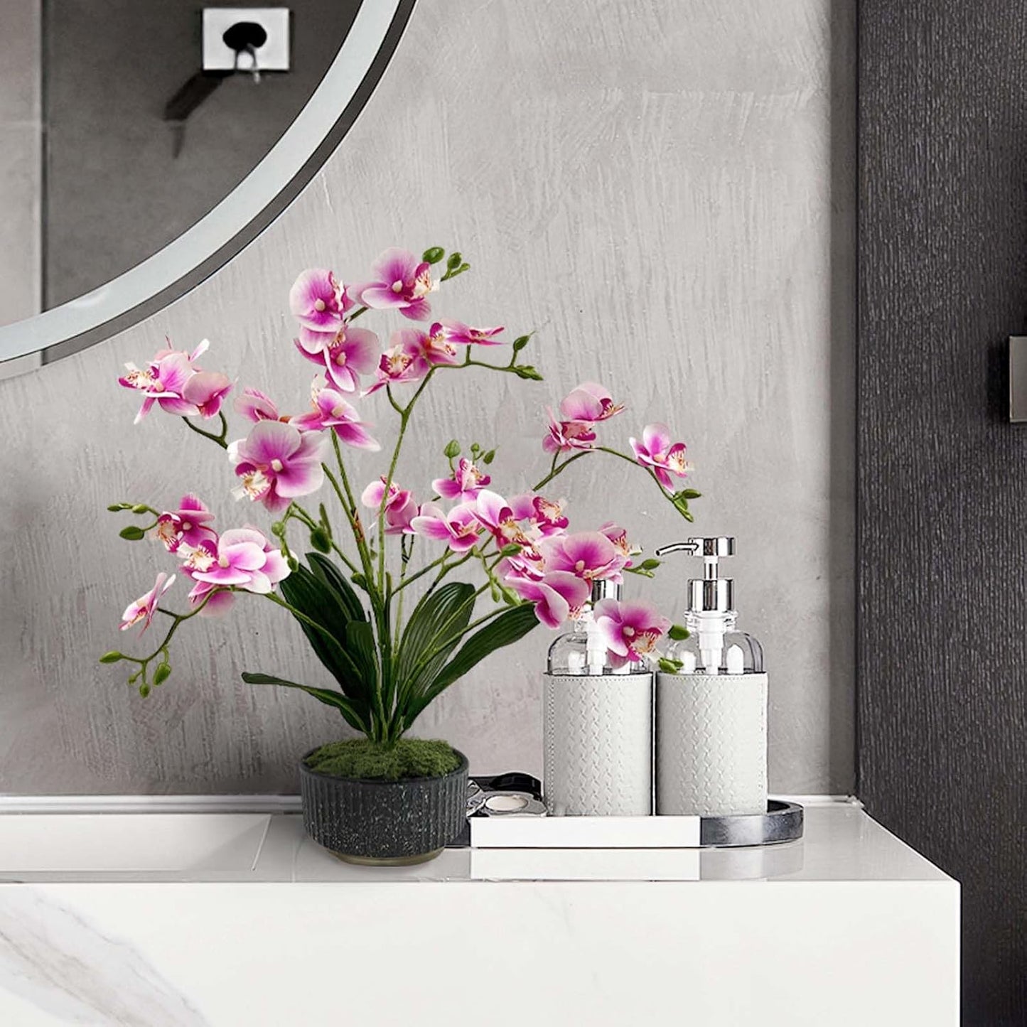 Daily Treasures Artificial Orchid Flower in Pot - 33 Realistic Flower Heads with Adjustable Stems, Premium Black & Gold Ceramic Vase, No Maintenance Faux Floral Decor for Home Office Bathroom