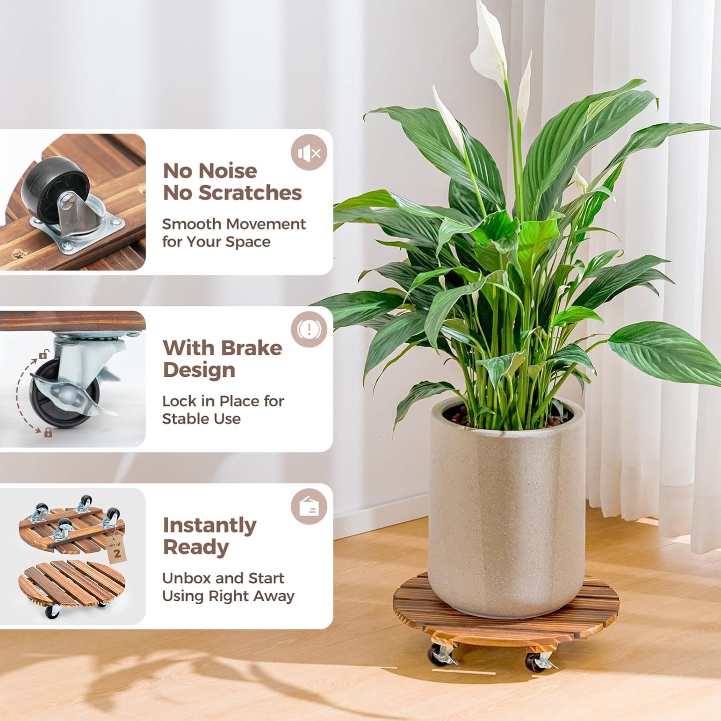 Bamworld Plant Stand Outdoor Rolling Tray Plant Caddy with Wheels 12in