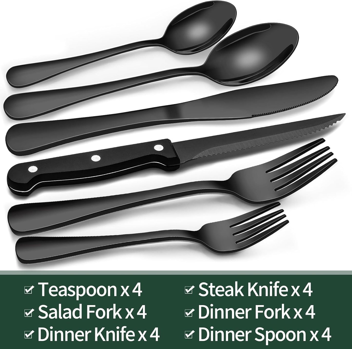 EWFEN 24-Piece Black Silverware Set with Steak Knives, Black Flatware 
