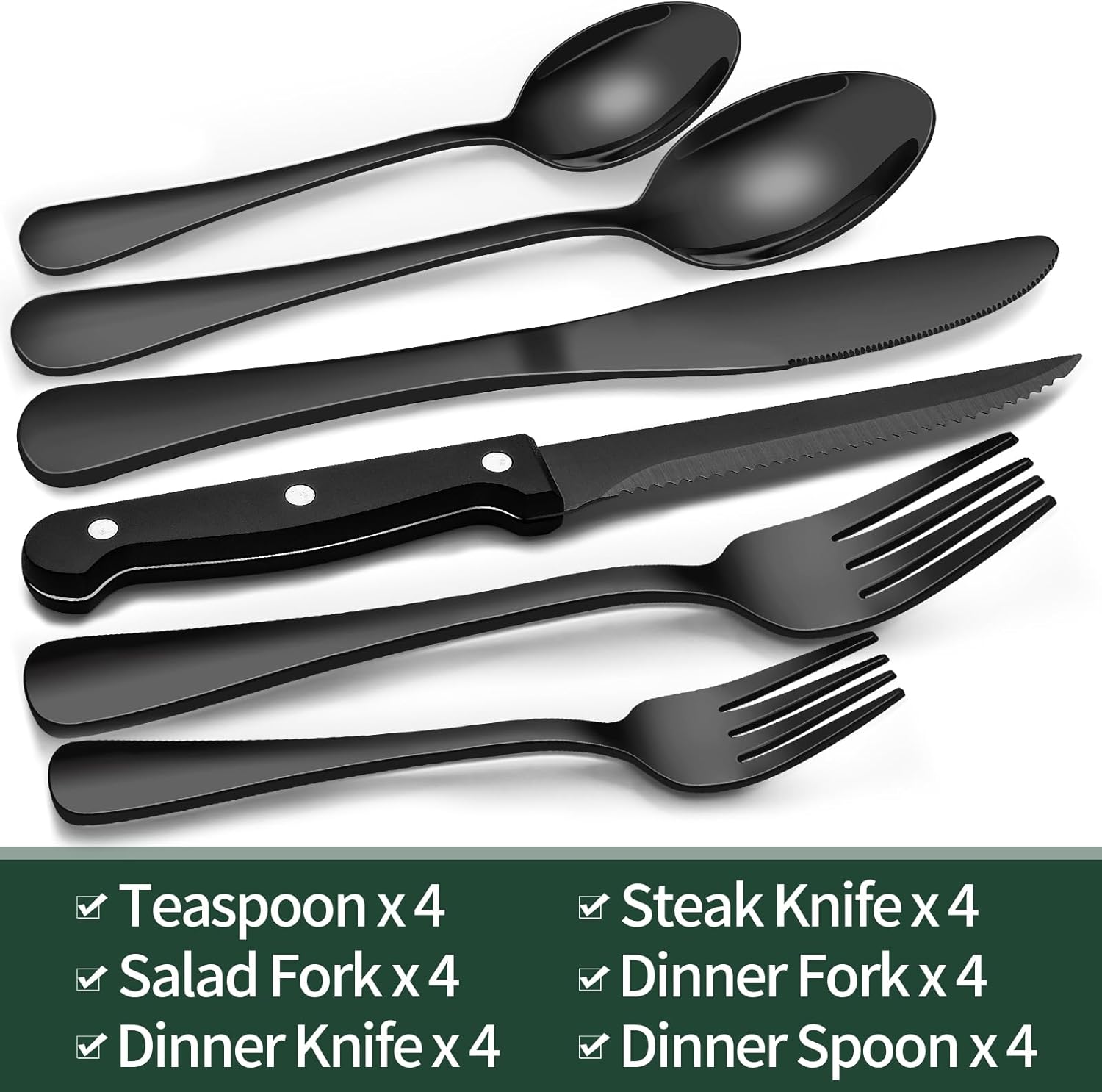 EWFEN 24-Piece Black Silverware Set with Steak Knives, Black Flatware 
