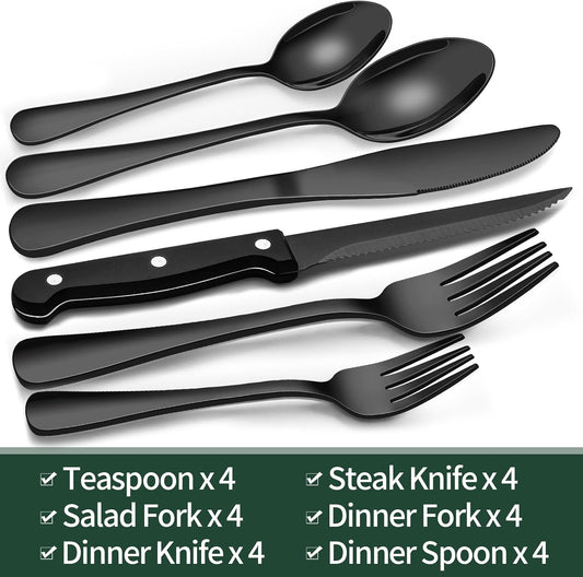 EWFEN 24-Piece Black Silverware Set with Steak Knives, Black Flatware 