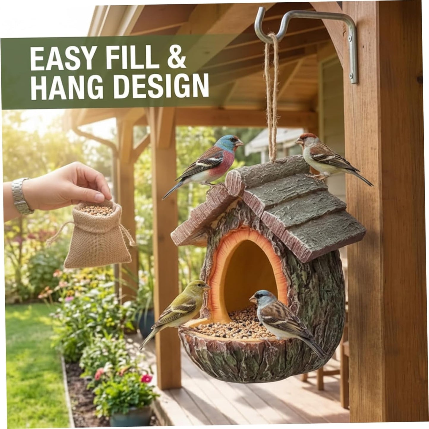 Bird Feeders for Outdoors Hanging Birdfeeder Treehouse Shape Hanging Bird Feeder with Hole Waterproof Resin Feeders for Outdoors Garden Patio 3.9x5.1x4.7 inch