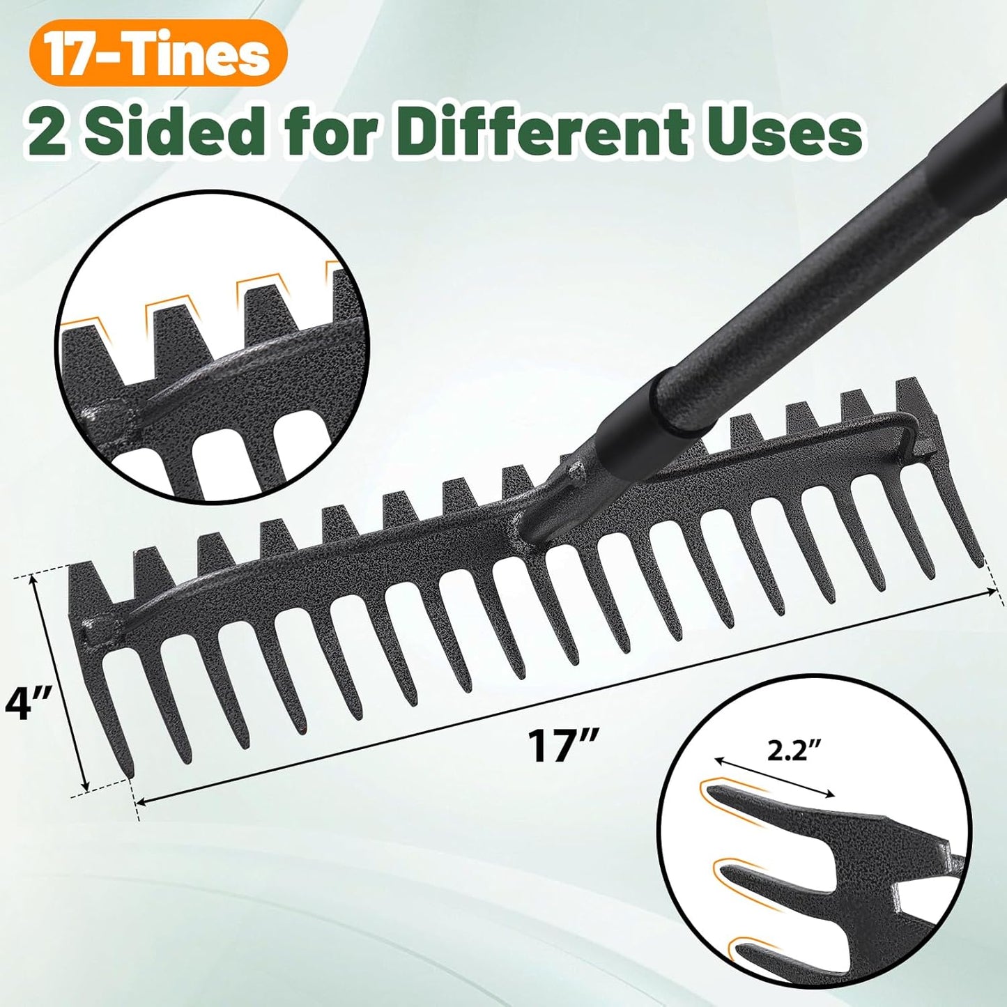 Garden Rake, 63 Inch Long Handle with 17 Tongs, Heavy Duty Metal Bow R