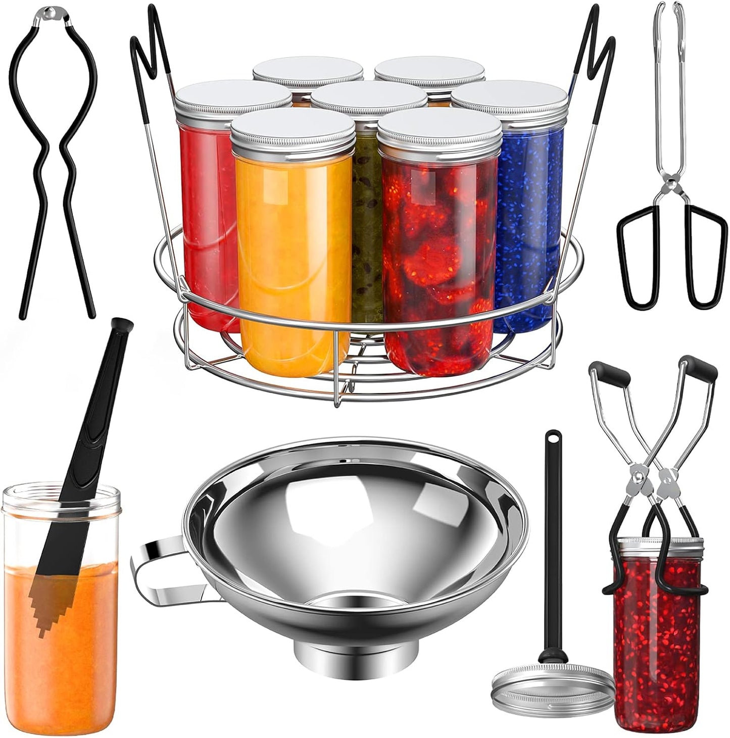 Pisol Canning Supplies Starter Kit, 7 Piece Canning Tools Set with Stainless Steel Rack, Wide Mouth Funnel, Kitchen Tongs, Jar Lifter, Magnetic Lid Lifter, jar Wrench, Bubble Popper