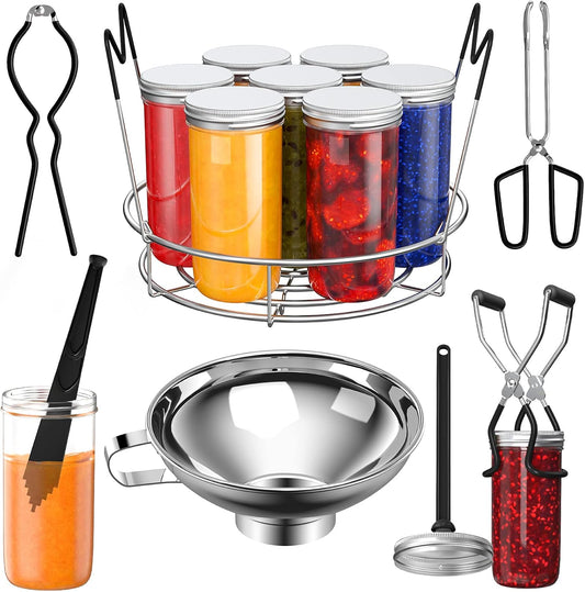 Pisol Canning Supplies Starter Kit, 7 Piece Canning Tools Set with Stainless Steel Rack, Wide Mouth Funnel, Kitchen Tongs, Jar Lifter, Magnetic Lid Lifter, jar Wrench, Bubble Popper