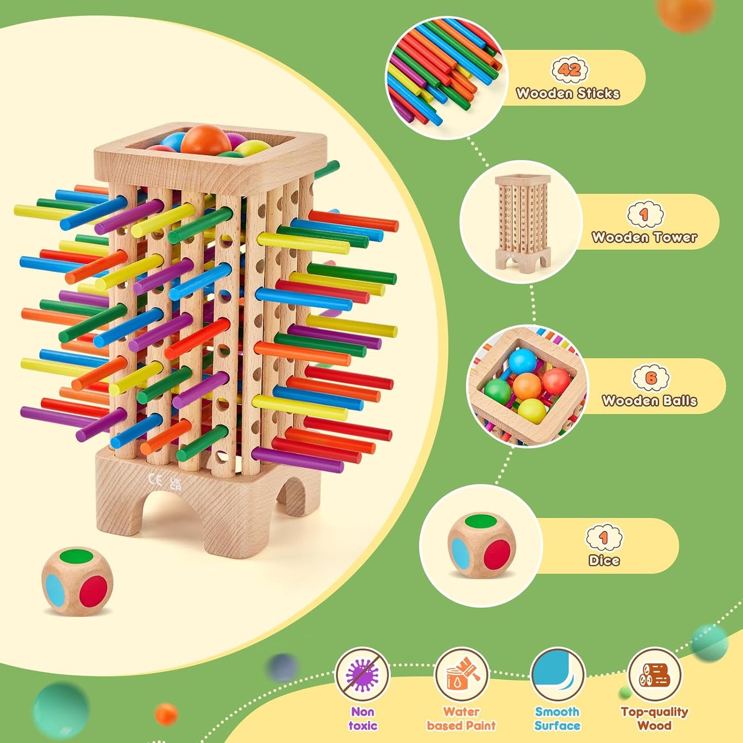 Montessori Game Wooden Board Game, 42 Colorful Wooden Sticks Dice Game