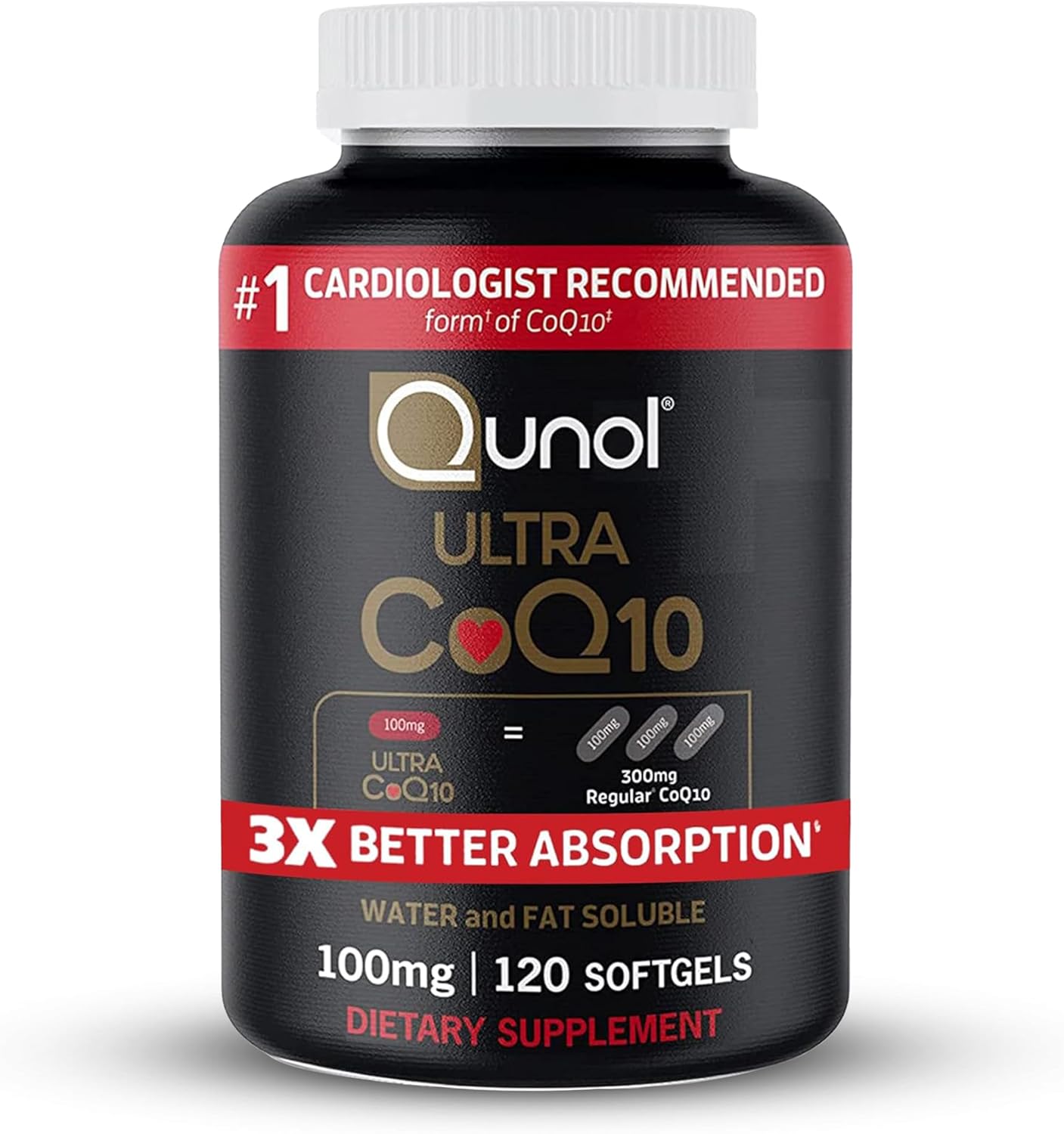 Qunol Ultra CoQ10 100mg, 3x Better Absorption, Patented Water and Fat 
