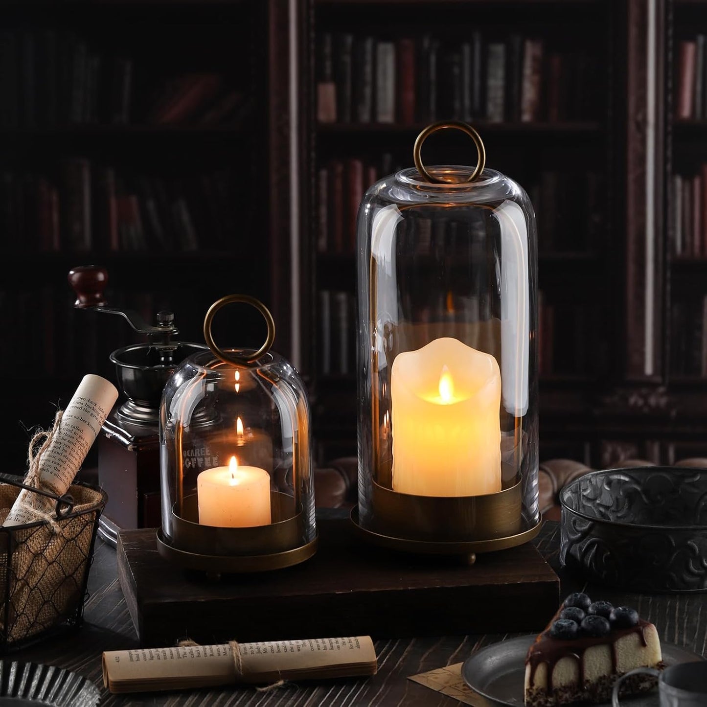 5" & 4" Wide Versatile Metal Candle Holder in Antique Brass with Handmade Thick, Heavy & Sturdy Glass Dome for Pillar Candle, Industrial, Modern, Shelf, Mantel, Veranda, Porch (Brass, Large & Small)