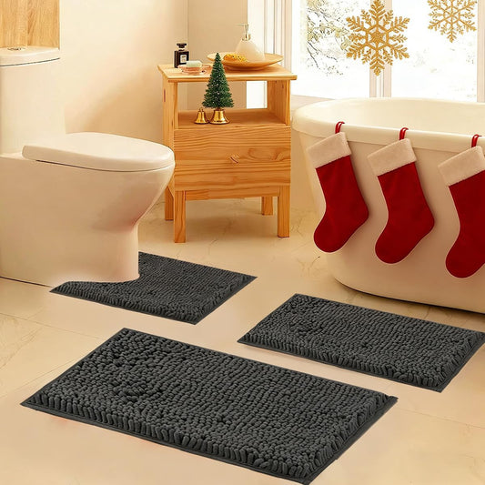 Bathroom Rugs Set Non Slip 3 Piece Bath Mat Washable Chenille Bath Rug