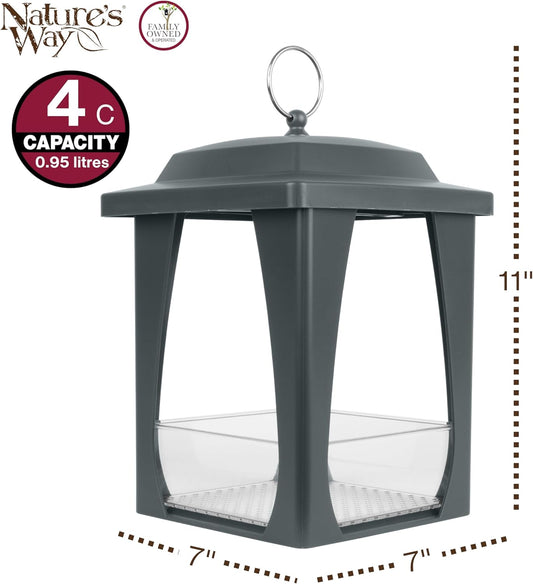 Nature’s Way Dine-in Hanging Fly-Through Bird Feeder with Protective Roof for Outdoor Décor, 4 Cup Capacity Fresh-Seed Tray, Durable Plastic Construction, Grey