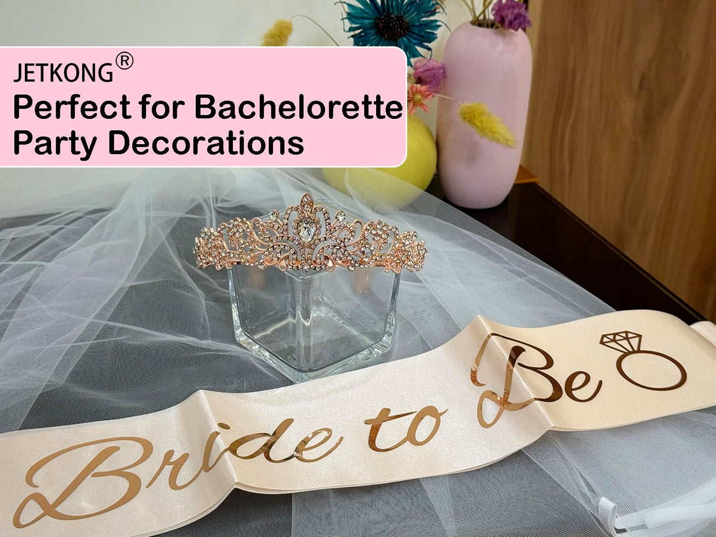 3 Packs Bachelorette Party Decorations Kit, Bridal Shower Crown/Tiara, Bride to Be Sash&Veil for Women Bachelorette Party Gifts, Bridal Shower Party Supplies (Rose Gold)