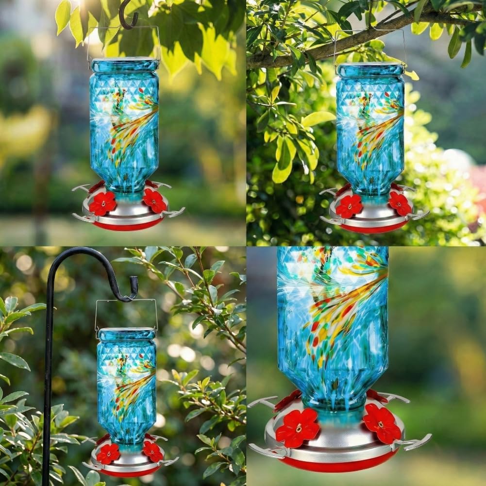 Hand Blown Glass Hummingbird Feeder for Outdoors Hanging Square Chanin