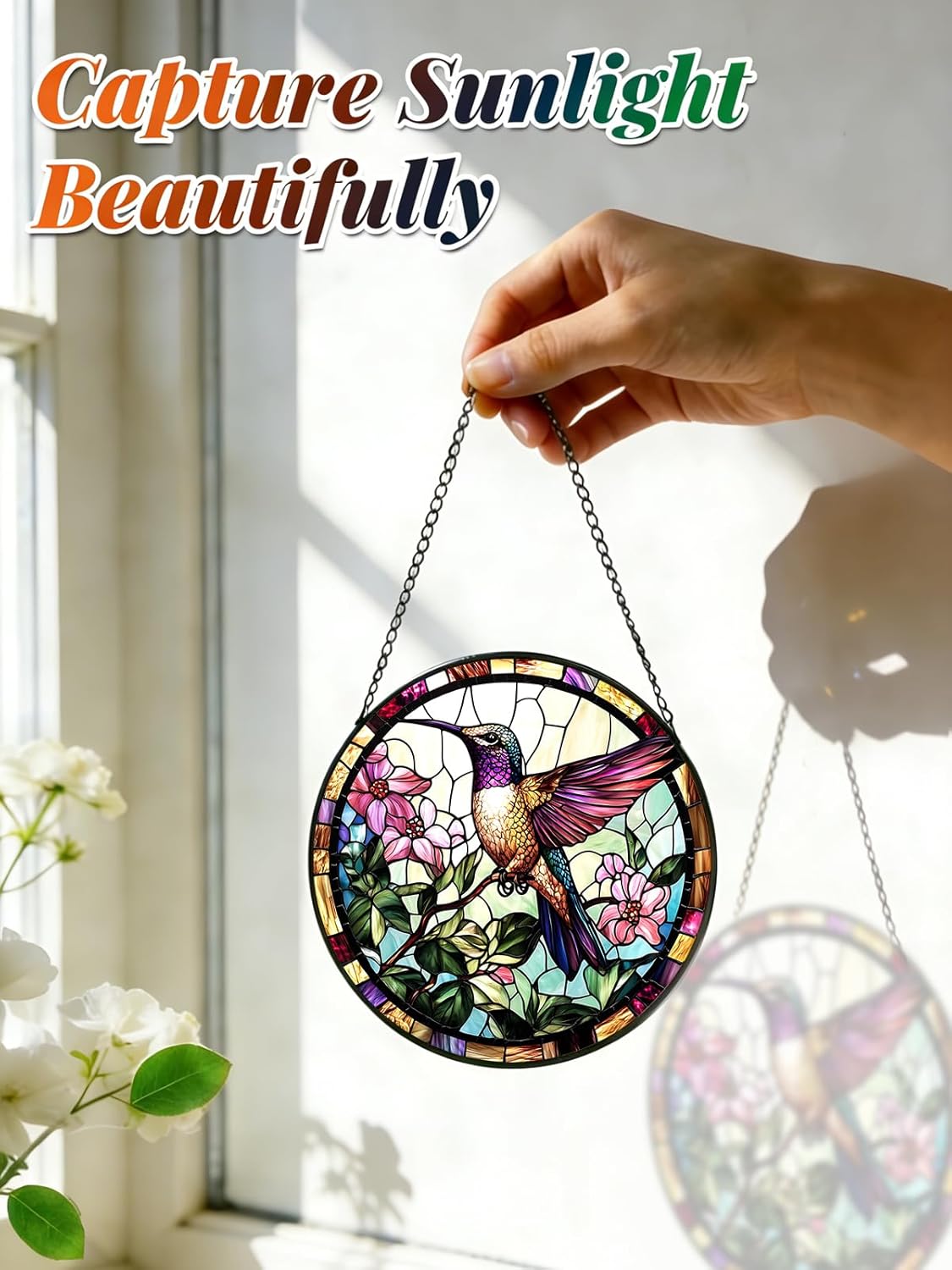 Stained Glass Window Hanging, Hummingbird Suncatcher for Door Home Dec