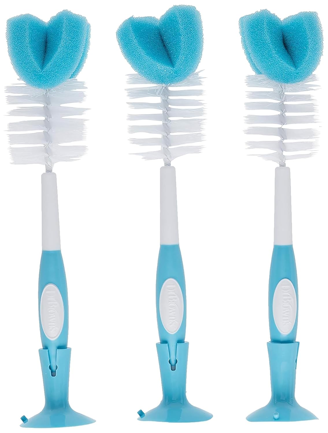 Dr. Brown's Reusable Sponge Baby Bottle Cleaning Brush Set with Suction Cup Stand, Scrubber and Nipple Cleaner, Blue 3-Pack