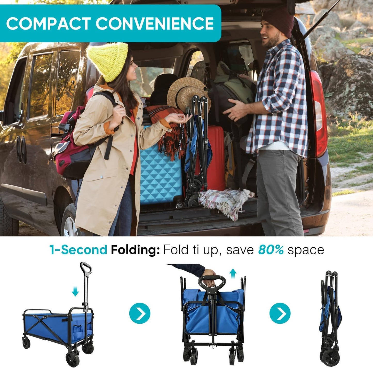 Collapsible Wagon with Quiet Wheels - Silent Grocery Shopping Cart for Seniors, Foldable Utility Cart for Laundry & Apartment, Washable Heavy Duty Rolling Wagon with Two Mesh Pockets, Blue