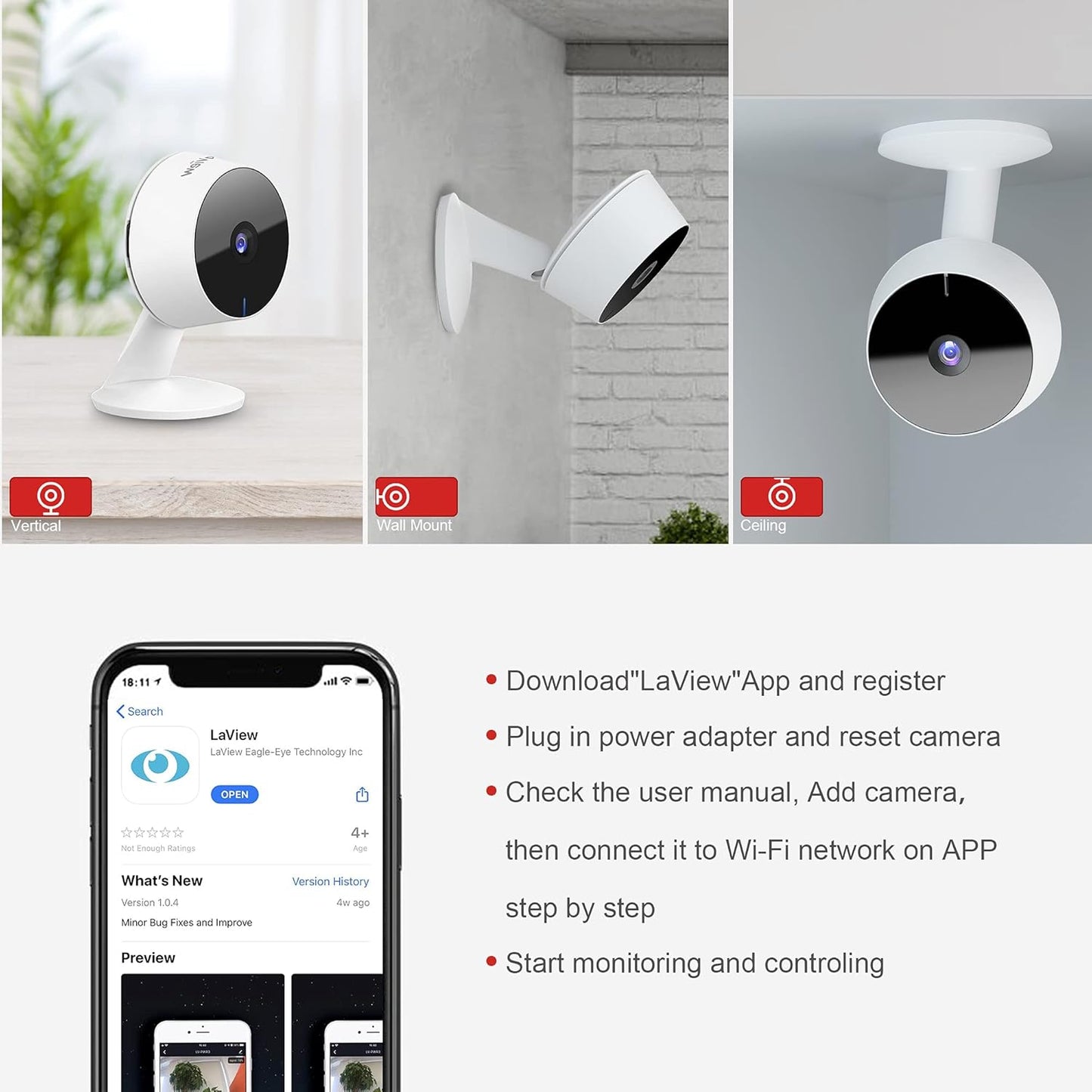 LaView Security Cameras 4pcs, Home Security Camera Indoor 1080P, Wi-Fi