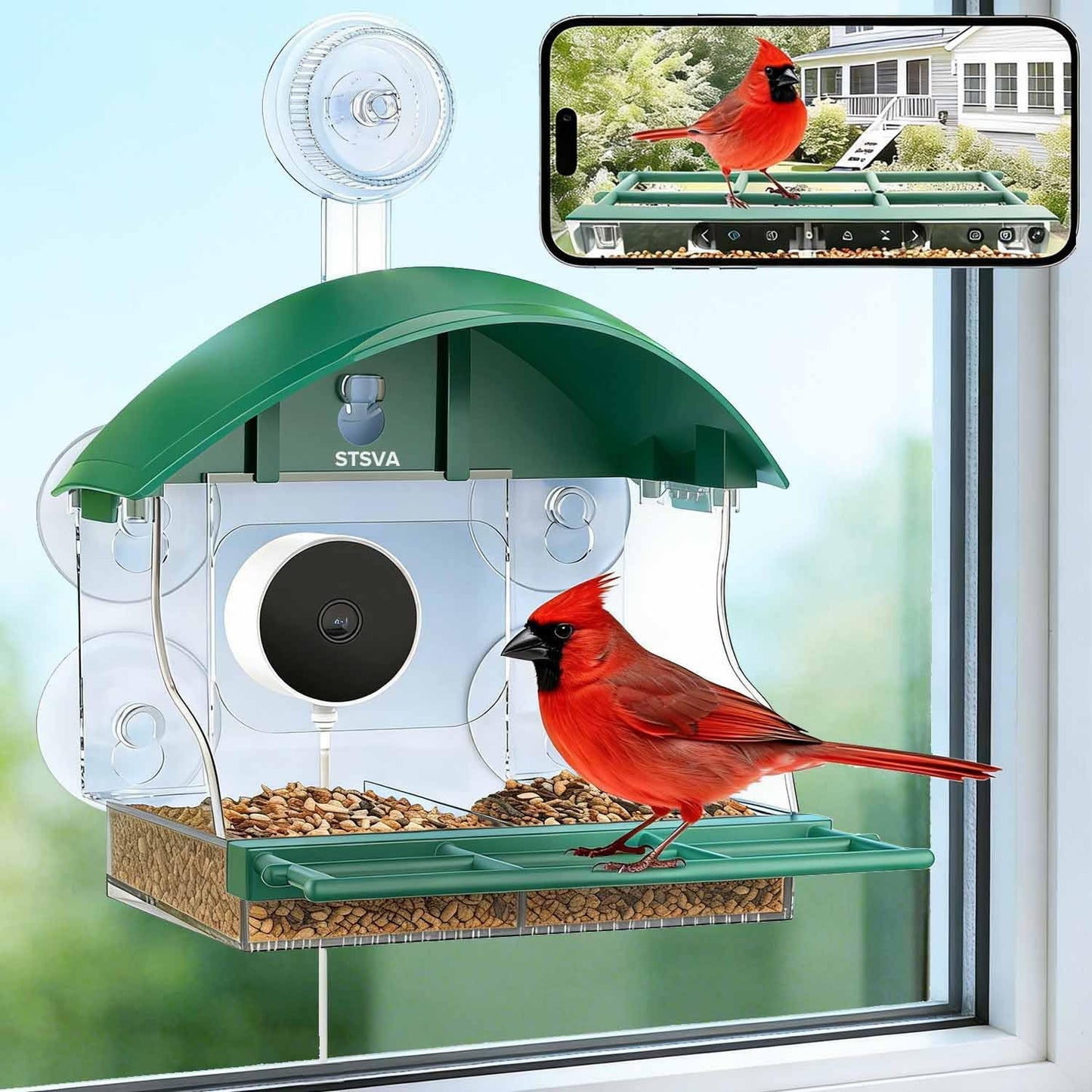 Window Bird Feeder with Camera,2K Live Video,AI Bird Identification,Instant Arrival Alerts,24/7 Recording,Support 2.4G/5G WiFi,SD Card&Cloud Storage,Featuring 5 Strong Suction Cups.